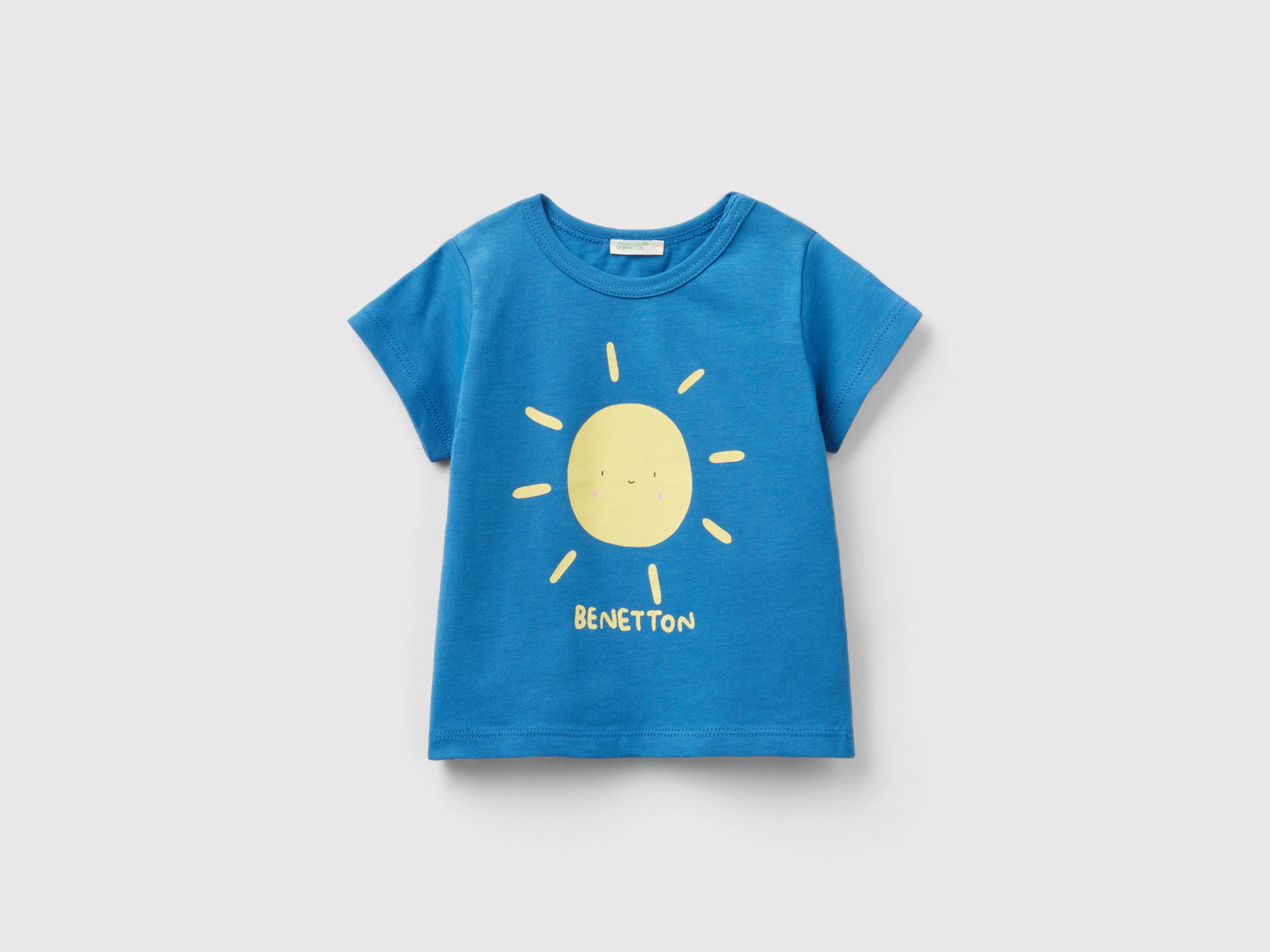 Image of Benetton, Organic Cotton T-shirt With Print, size 56, Blue, Kids