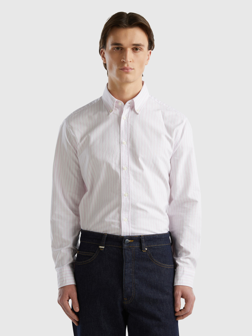 Benetton, 100% Cotton Striped Shirt, White, Men
