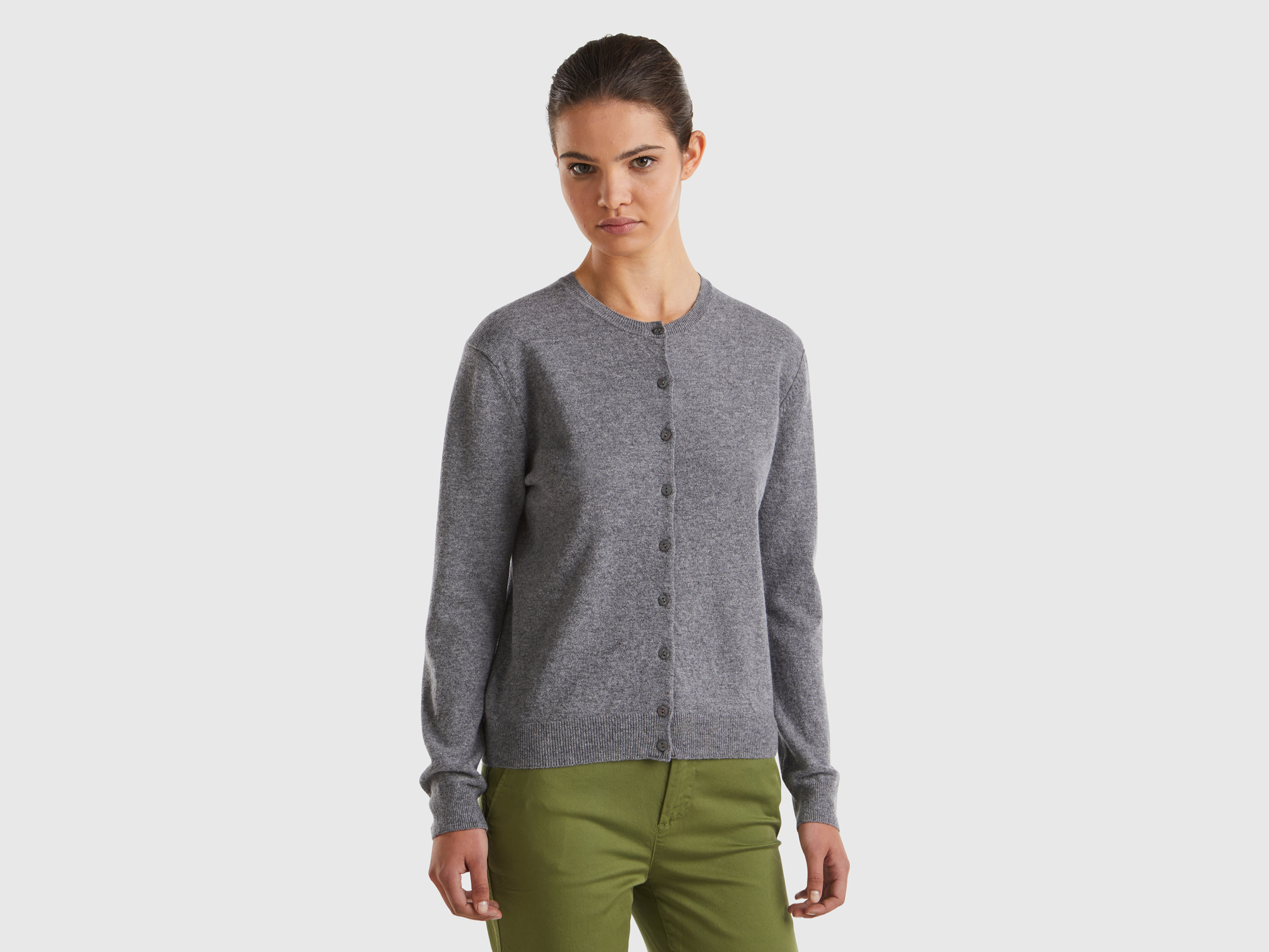 Benetton, Cardigan Girocollo Grigio In Pura Lana Merino, Grigio Scuro, Donna