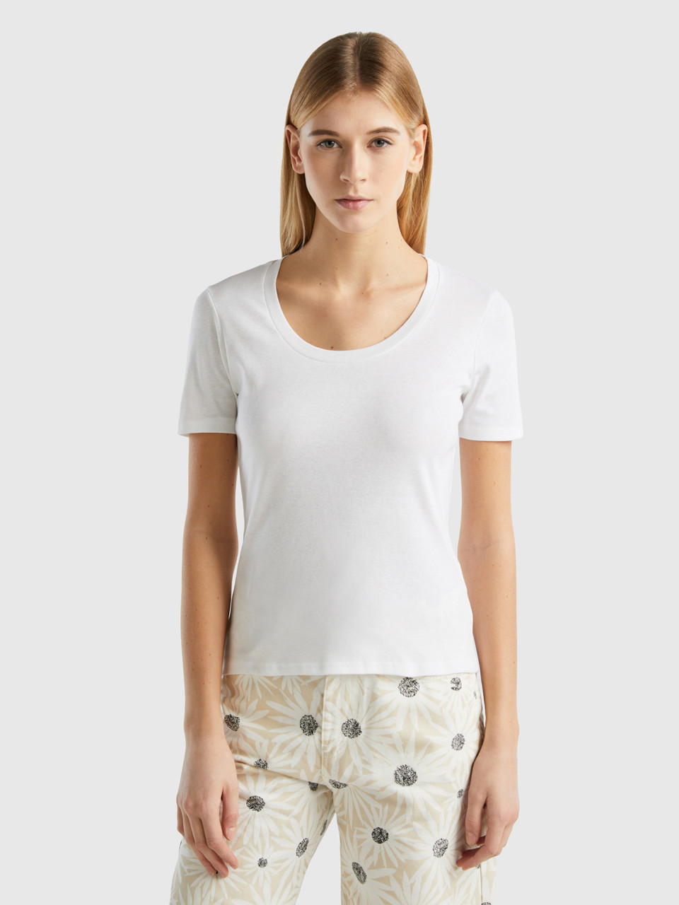 Benetton, Kurzärmeliges T-shirt Aus Langfaser-baumwolle, Weiss, female