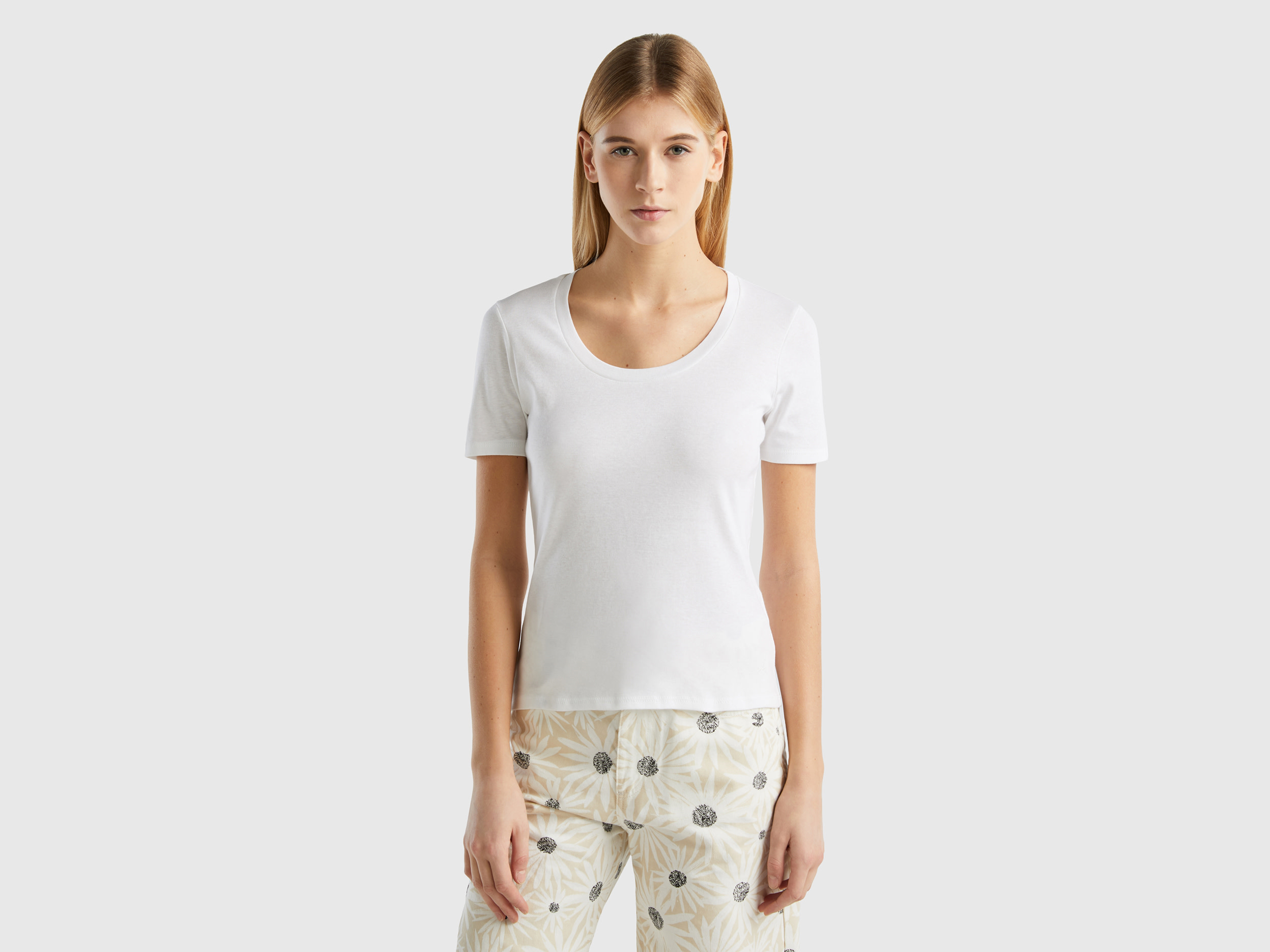 Benetton, T-shirt Manica Corta In Cotone A Fibra Lunga, Bianco, Donna