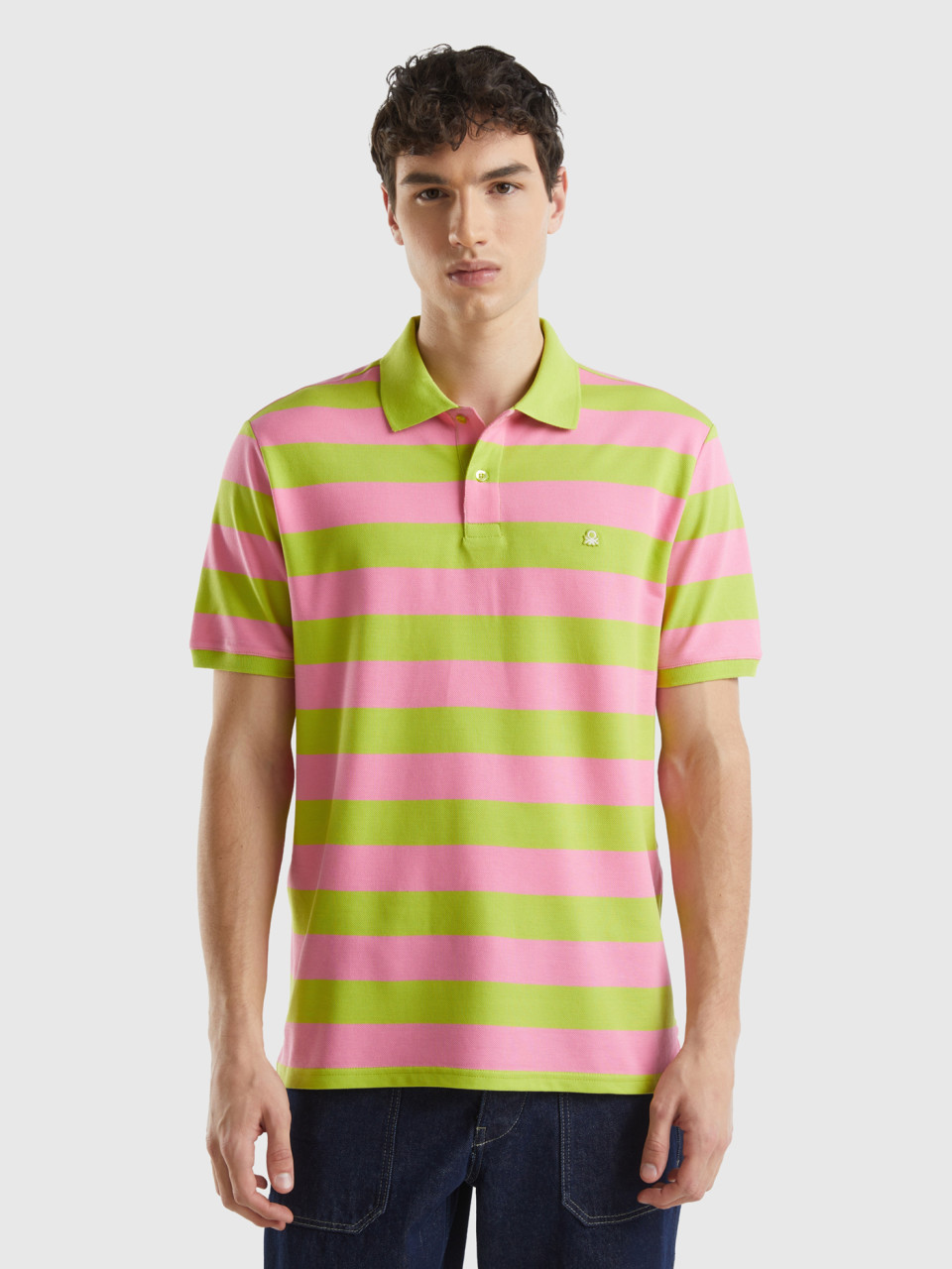Benetton, Polo With Pink And Lime Yellow Stripes, Multi-color, Men