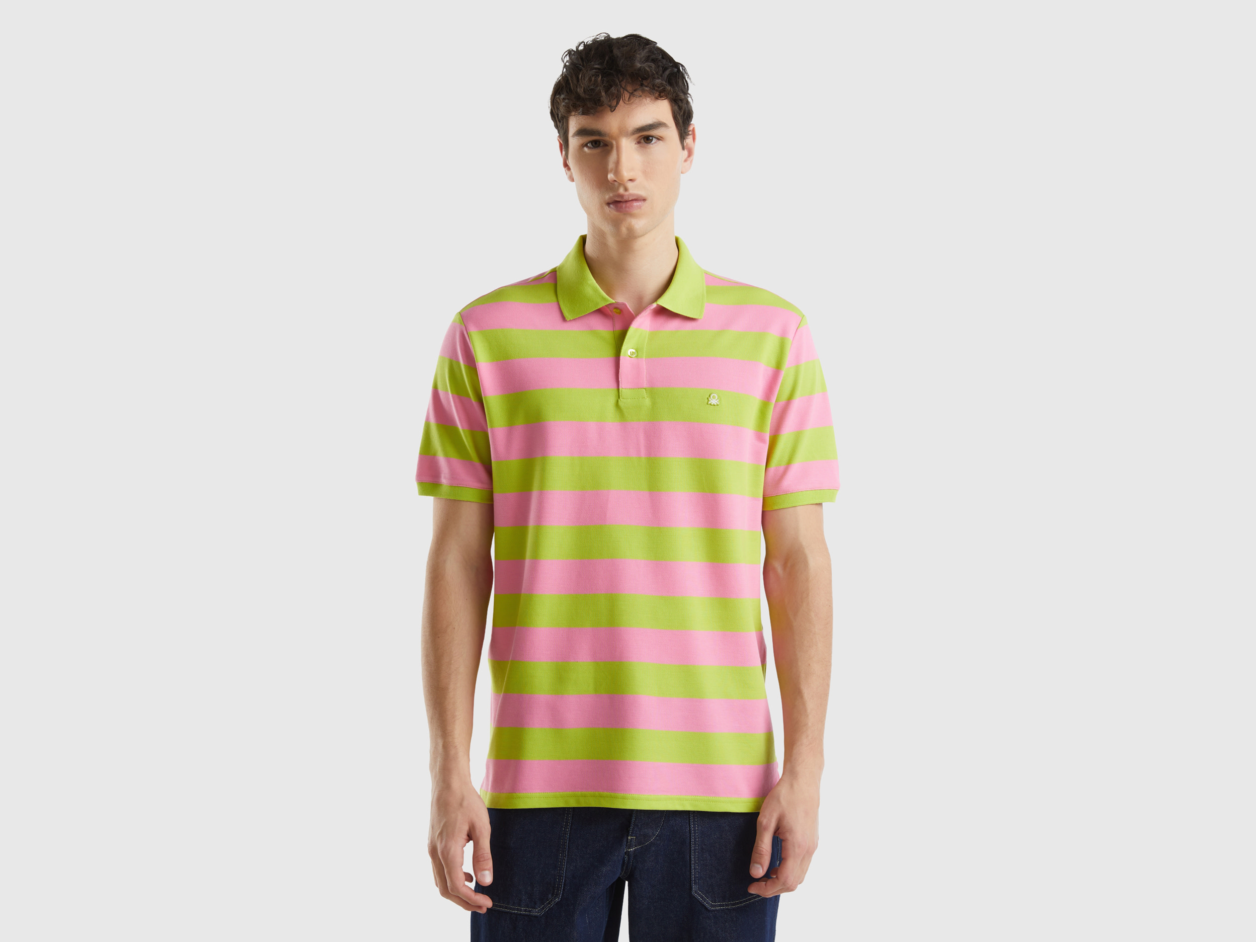 Benetton, Polo A Righe Rosa E Giallo Lime, Multicolore, Uomo