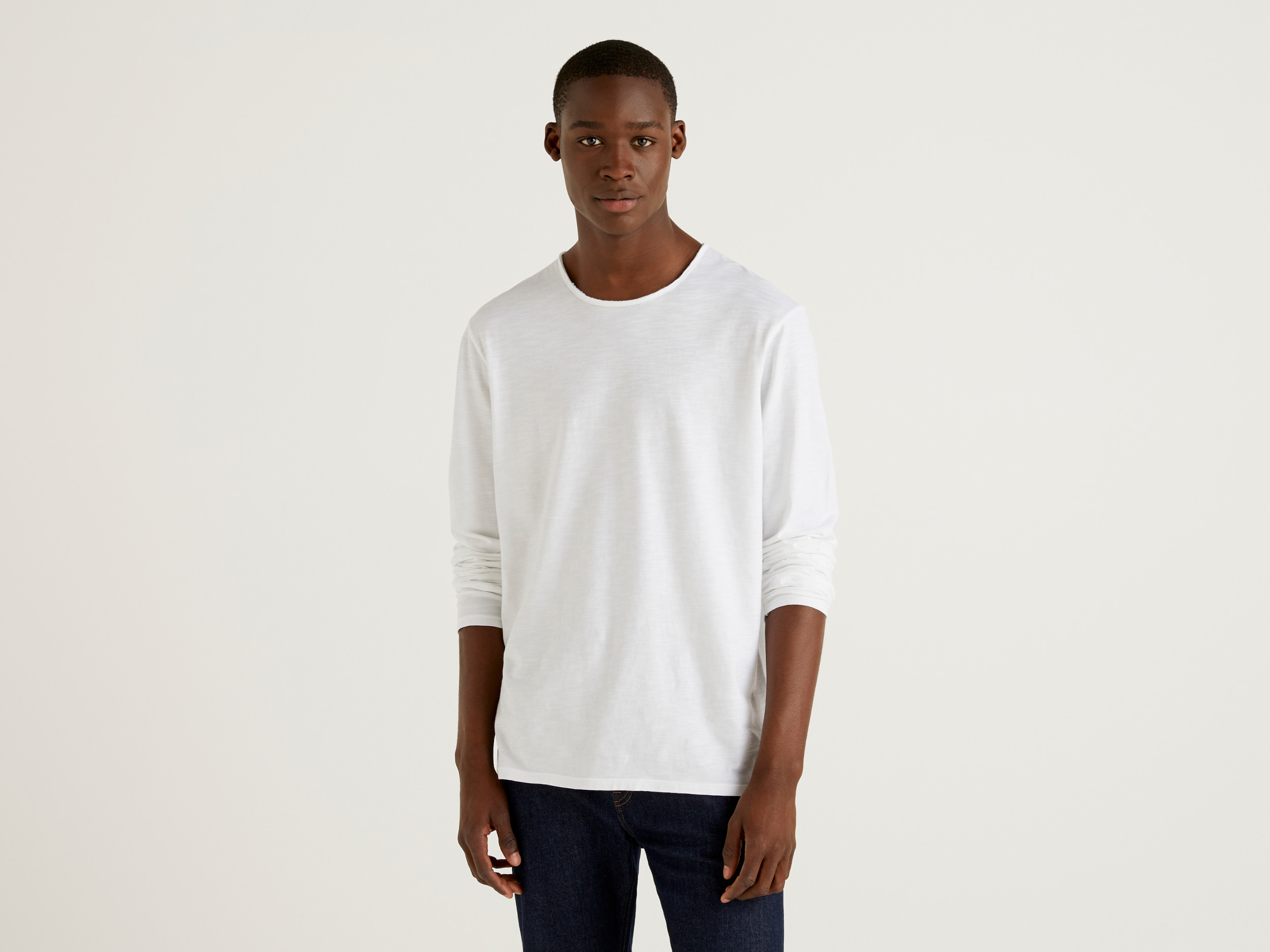 Benetton, T-shirt À Manches Longues En 100% Coton, taille XXXL, Blanc, Homme