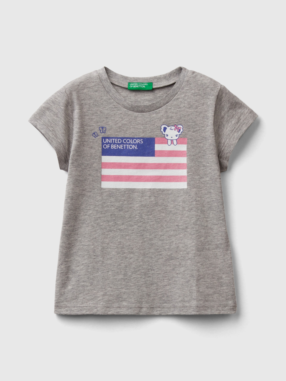 Benetton, T-shirt With Print In Organic Cotton, Light Gray, Kids