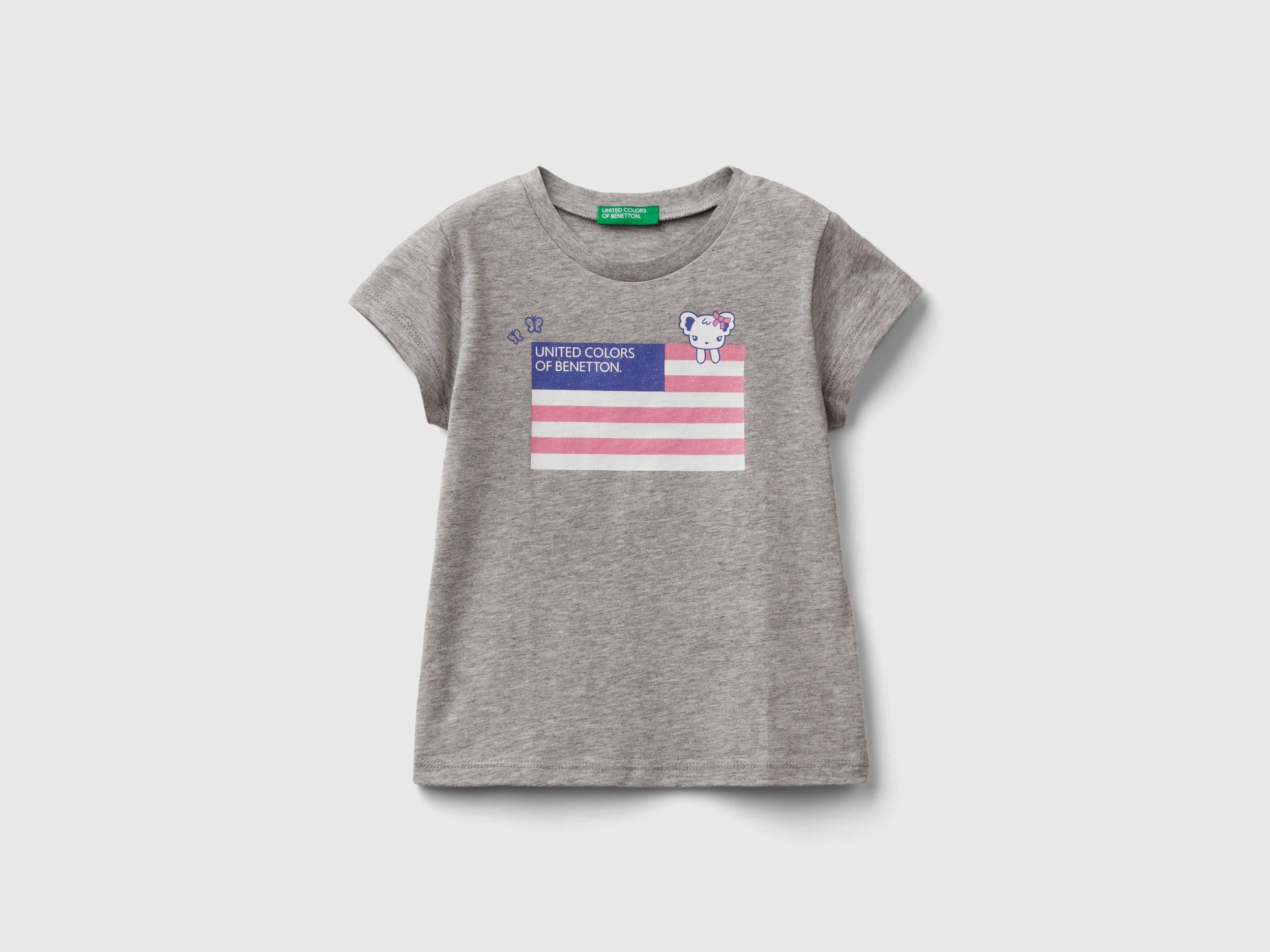 Image of Benetton, T-shirt With Print In Organic Cotton, size 104, Light Gray, Kids