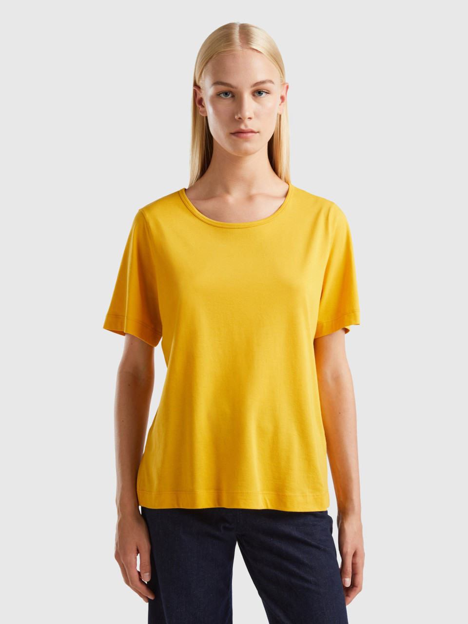 Benetton, Mustard Yellow Short Sleeve T-shirt, Yellow, Women