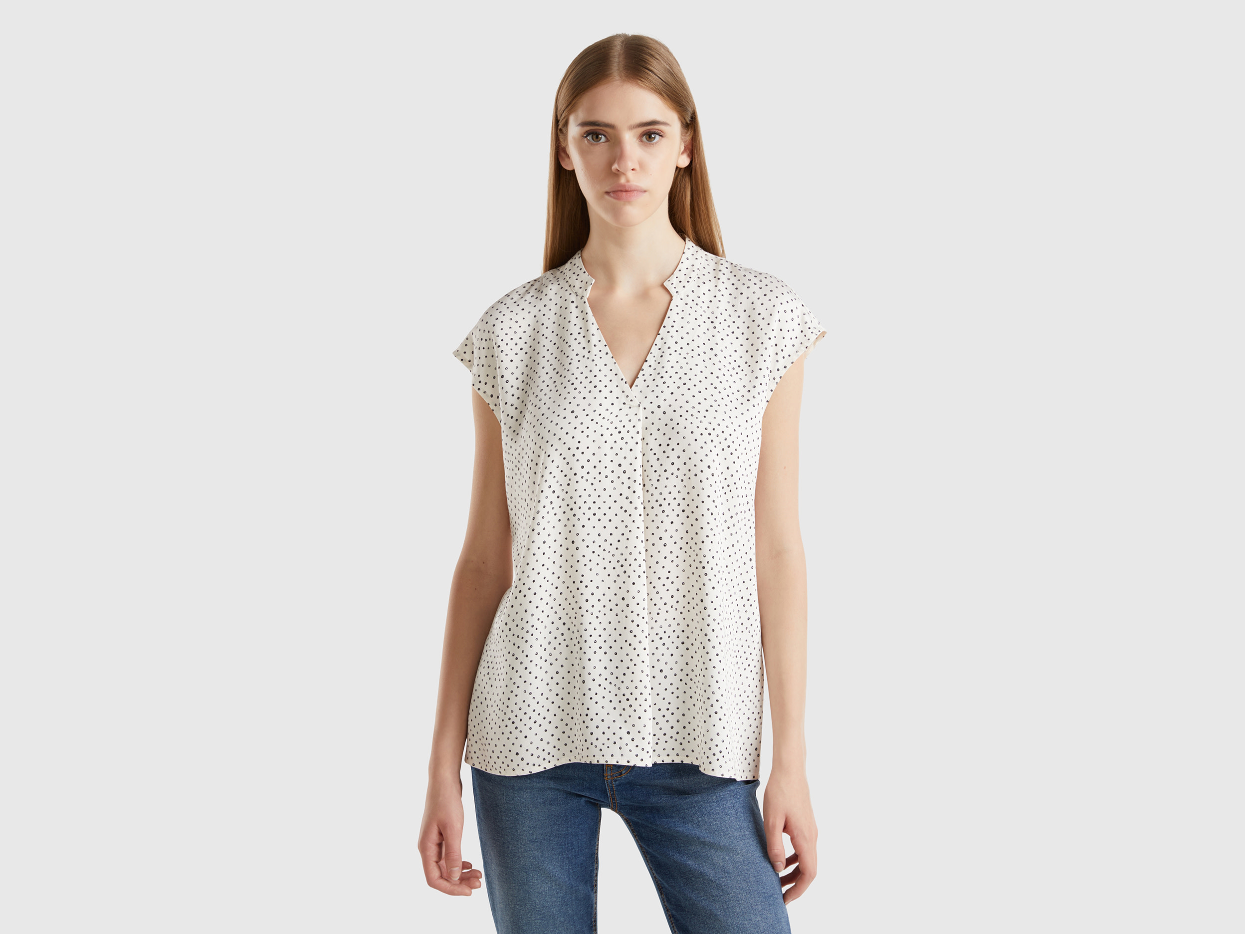 Benetton, Blusa A Pois In Viscosa Sostenibile, Bianco Panna, Donna