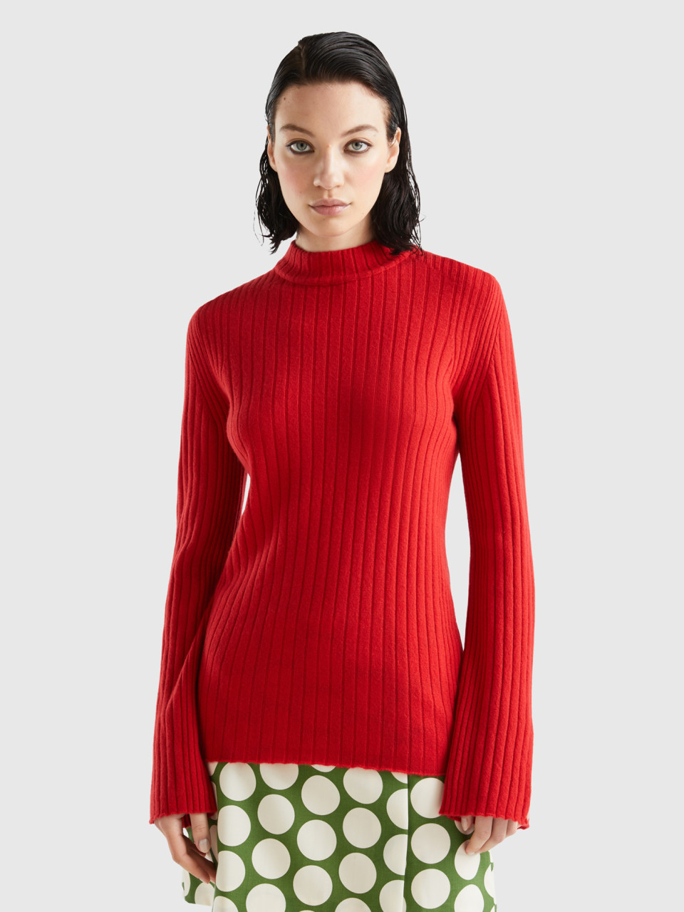 Benetton, Turtleneck Sweater With Slits, Red, Women