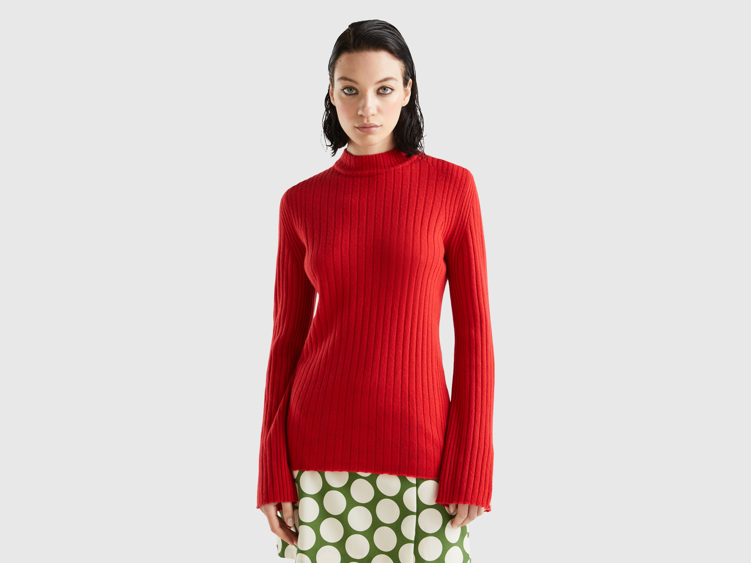 Benetton, Turtleneck Sweater With Slits, size L, Red, Women