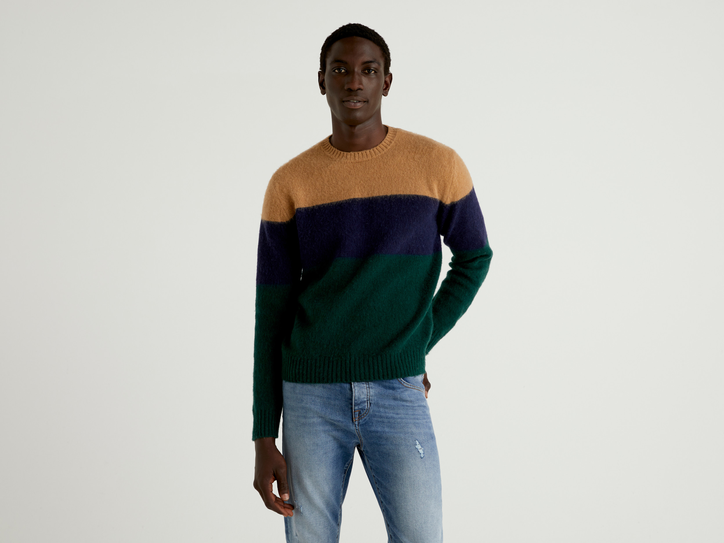 Benetton, Pull Color Block En Pure Laine Shetland, taille XL, Multicolore, Homme