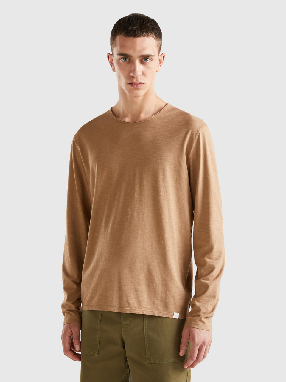 Benetton, Long Sleeve T-shirt In 100% Cotton, Beige, Men