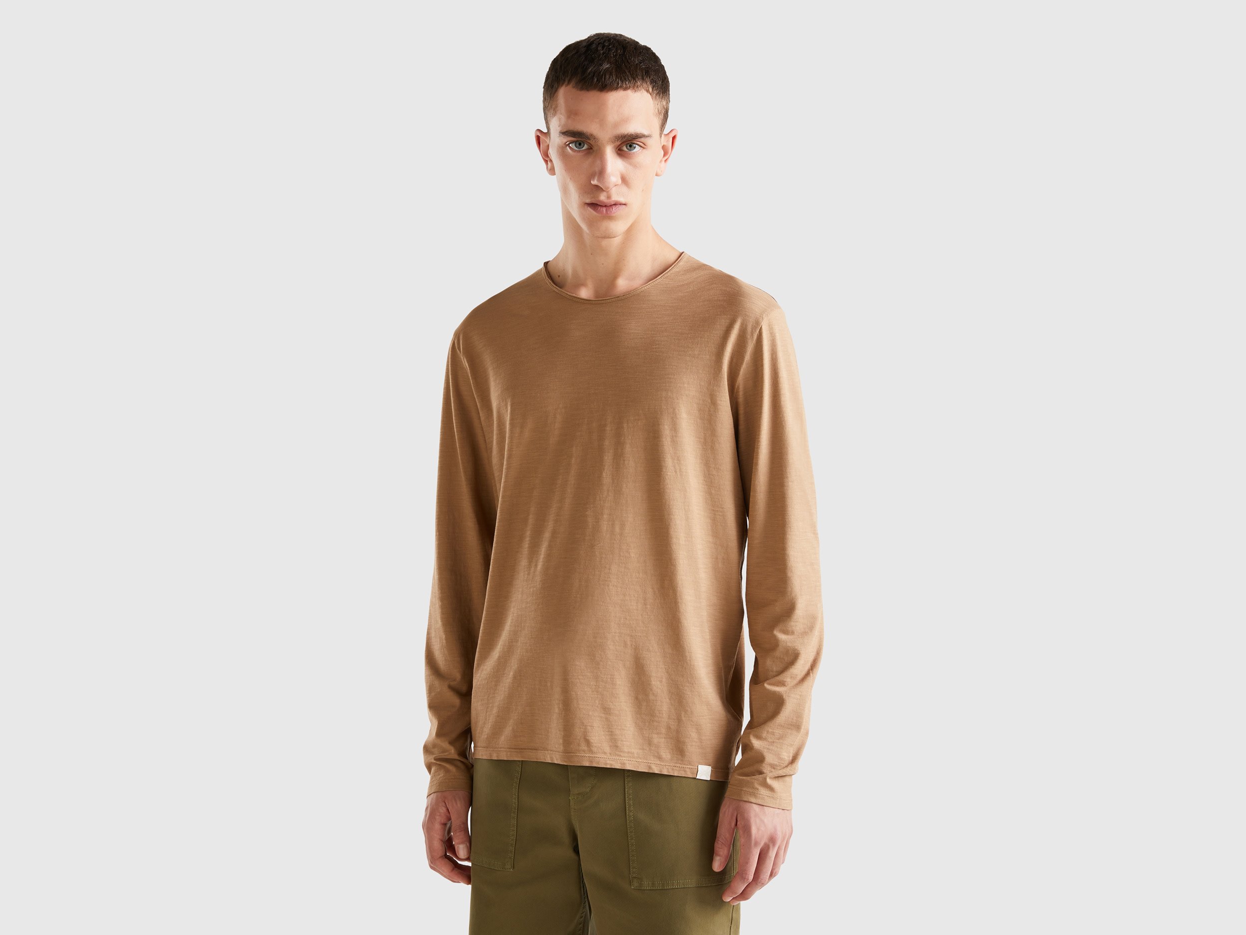 Benetton, Long Sleeve T-shirt In 100% Cotton, size XXXL, Beige, Men