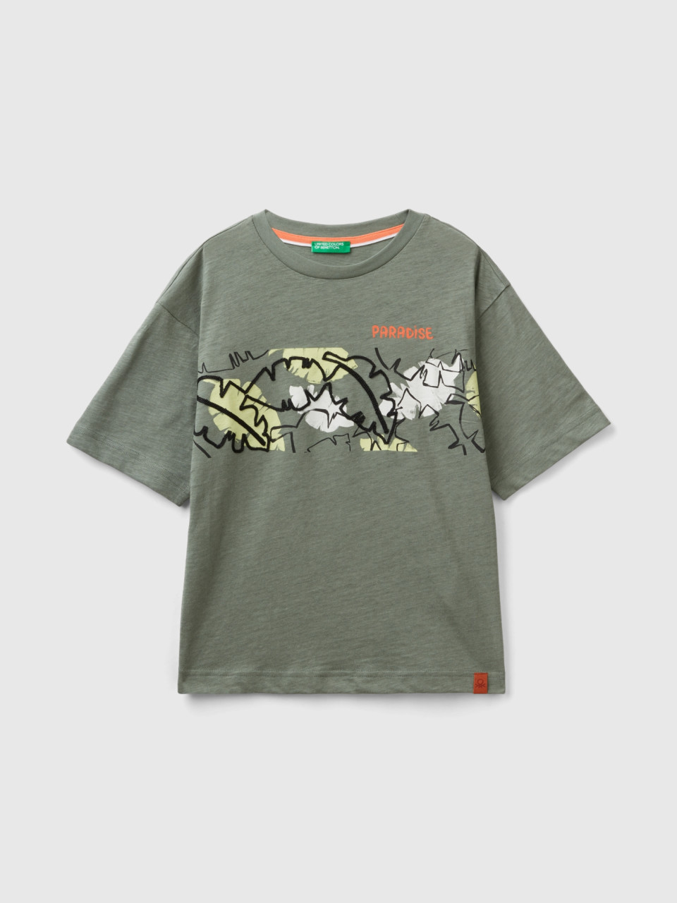 Benetton, T-shirt Mit Exotischem Print, Militärgrün, male