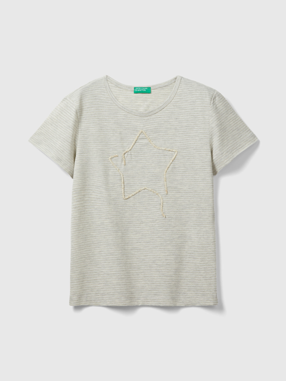 Benetton, T-shirt With Cord Embroidery, Light Gray, Kids