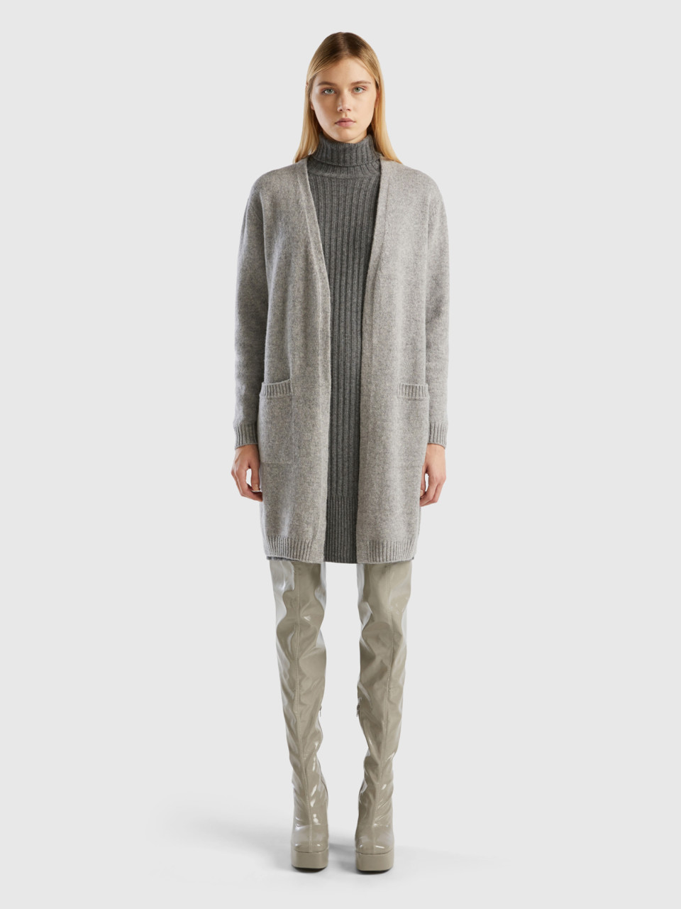 Benetton, Long Cardigan In Pure Shetland Wool, Light Gray, Women