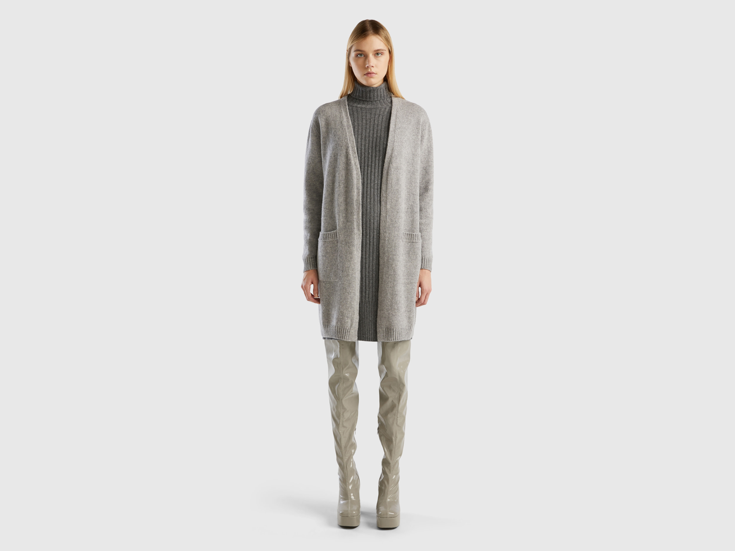 Benetton, Long Cardigan In Pure Shetland Wool, size M, Light Gray, Women