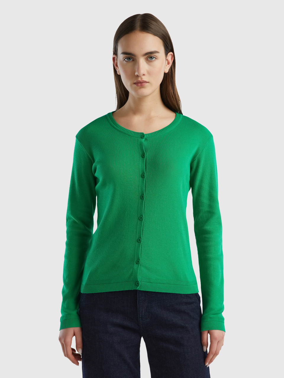 Benetton Online exclusive, Crew Neck Cardigan In Pure Cotton, Green, Women