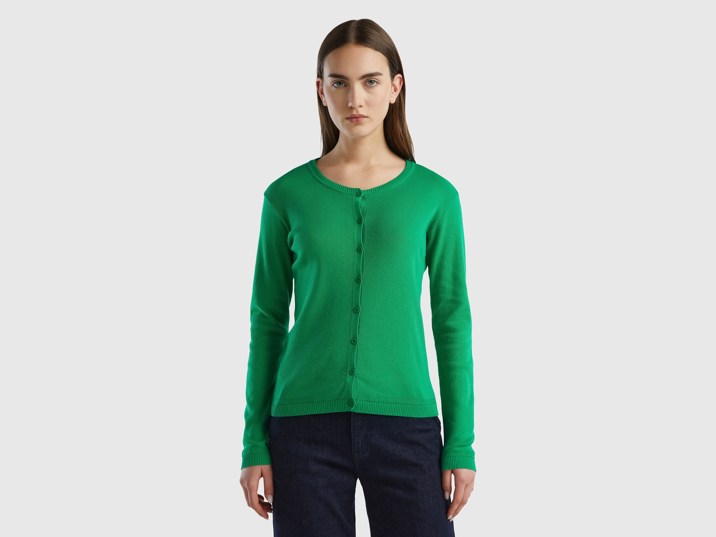 Benetton Online exclusive, Crew Neck Cardigan In Pure Cotton, size XL, Green, Women