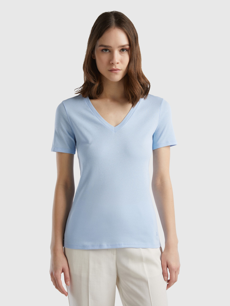 Benetton, Pure Cotton T-shirt With V-neck, Sky Blue, Women