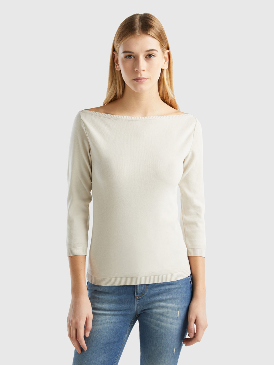 Benetton Online exclusive, 100% Cotton Boat Neck Sweater, Beige, Women