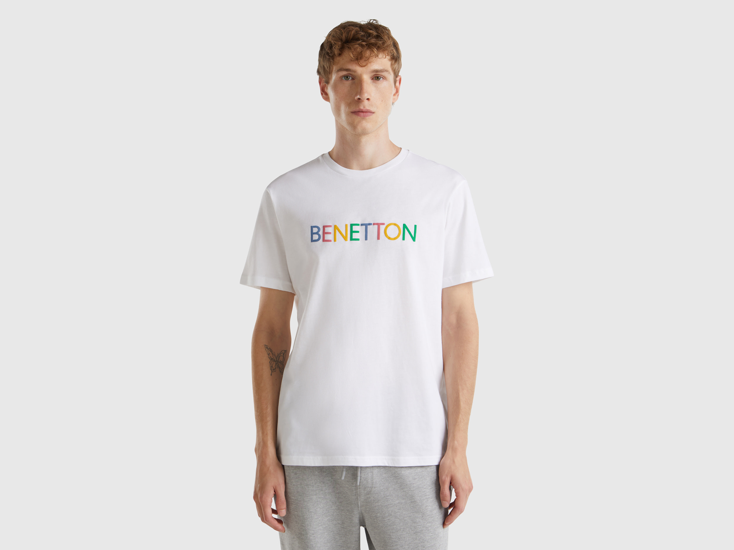 Benetton, T-shirt Bianca In Cotone Bio Con Logo, Bianco, Uomo