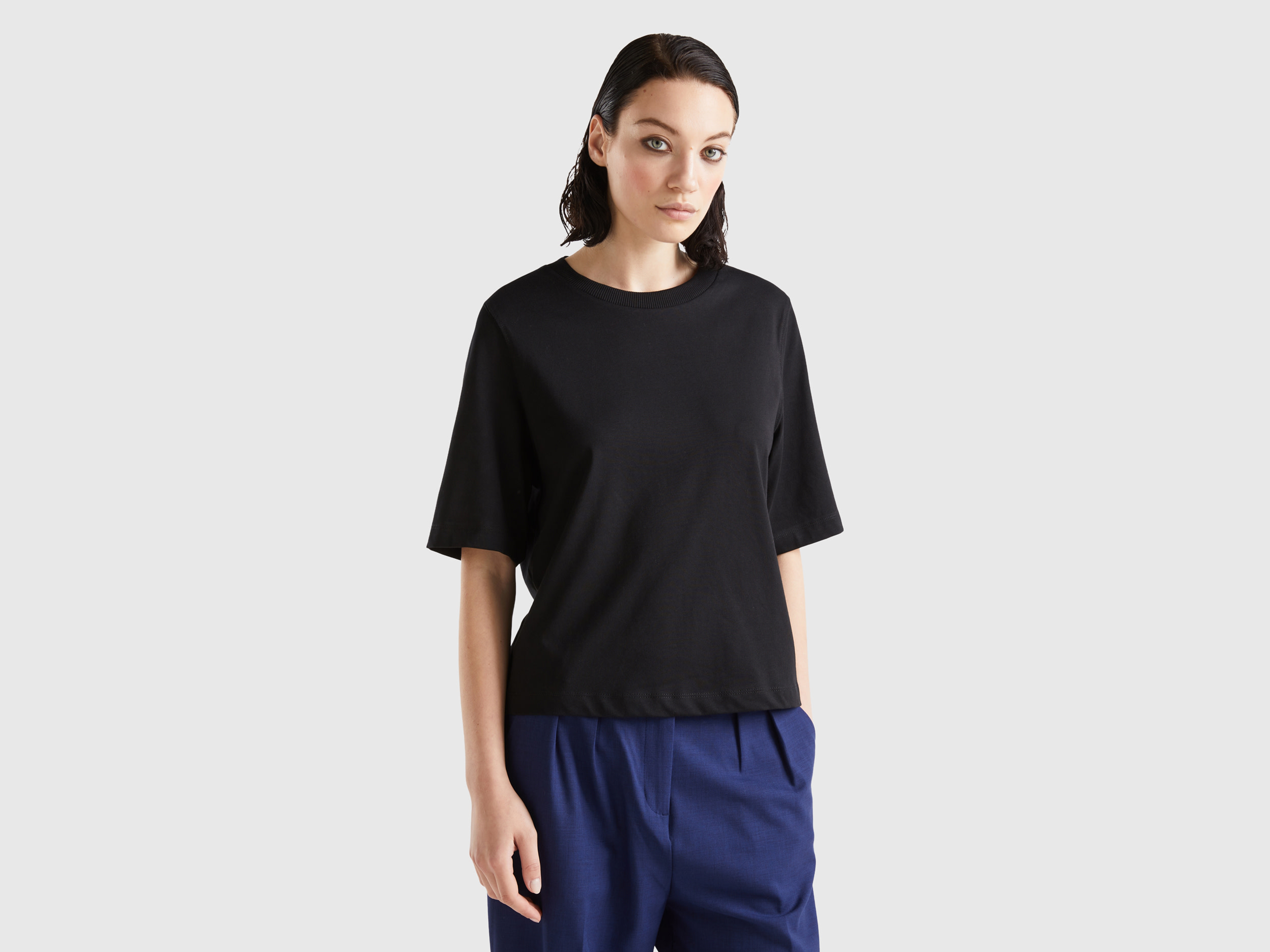 Benetton, 100% Cotton Boxy Fit T-shirt, size XL, Black, Women