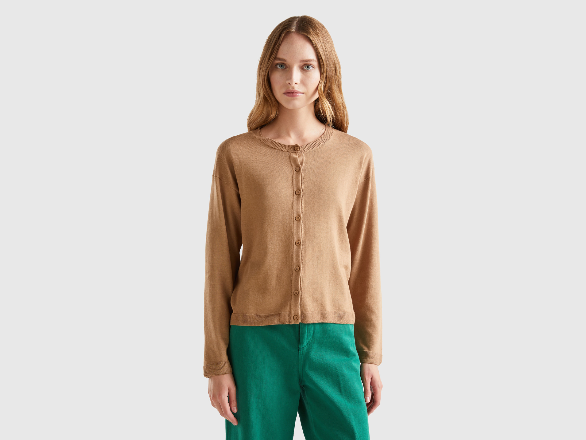 Benetton, Crew Neck Cardigan With Buttons, size M, Camel, Women