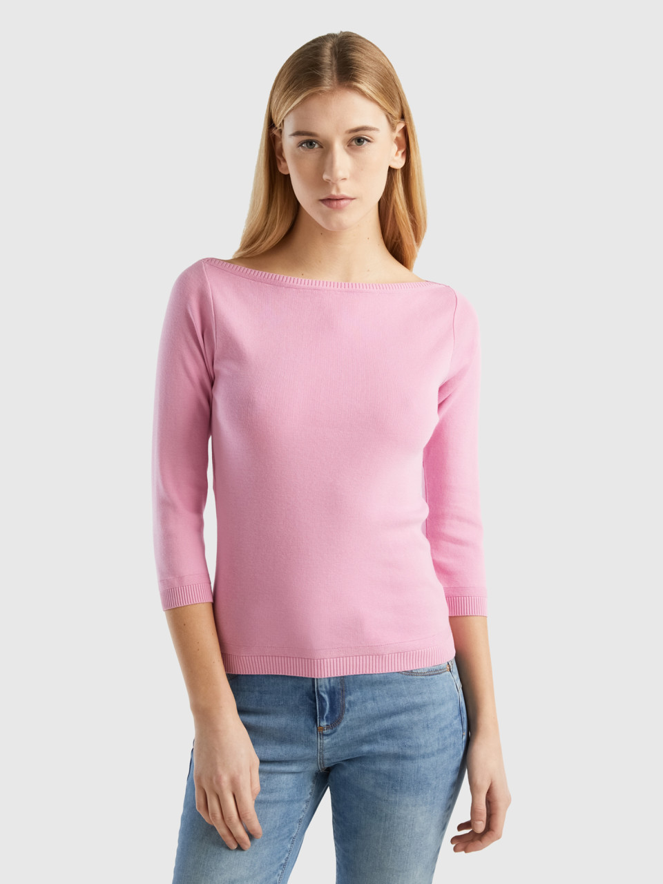 Benetton, 100% Cotton Boat Neck Sweater, Pastel Pink, Women