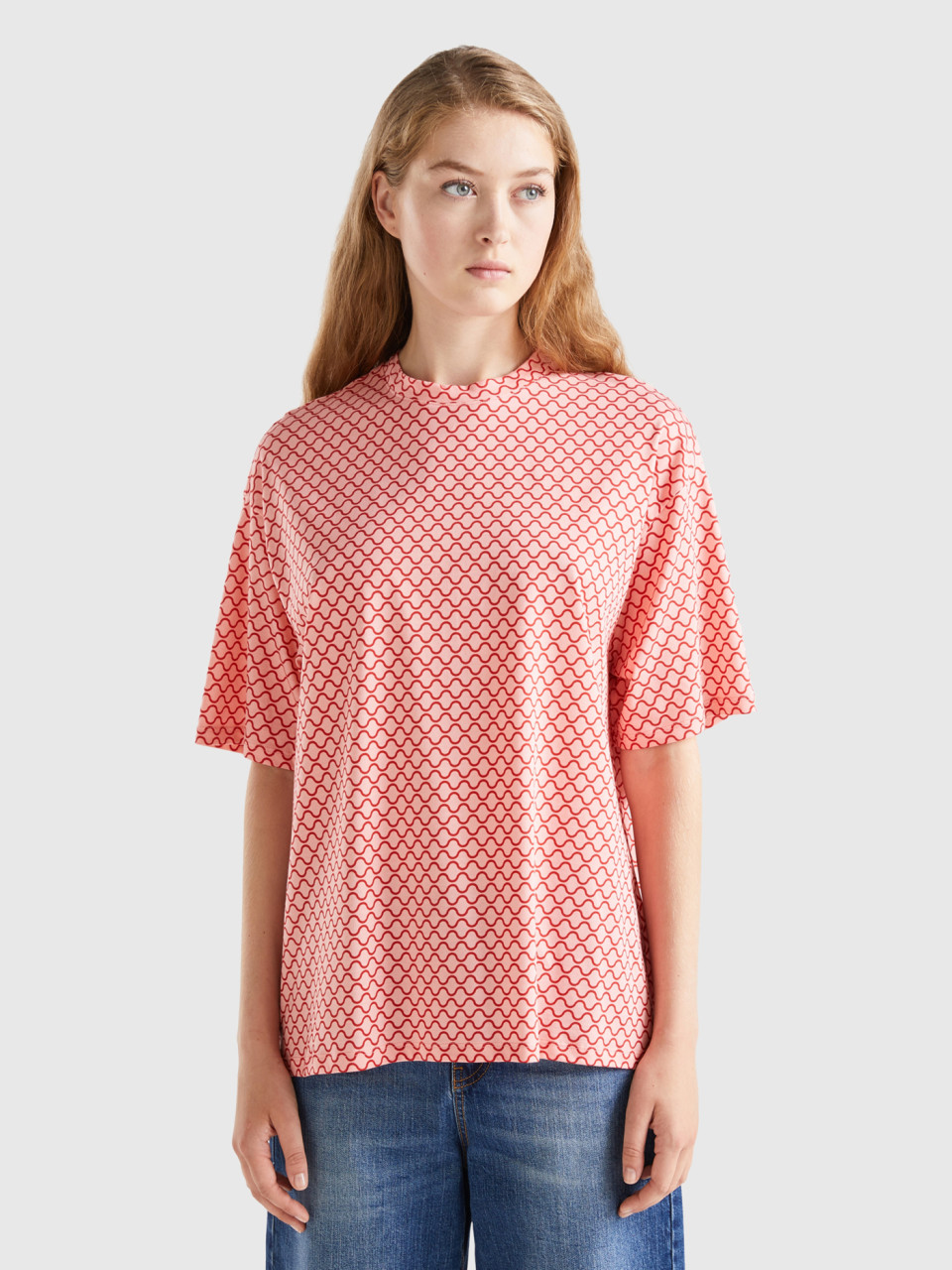 Benetton, T-shirt With Wavy Print, Pink, Women