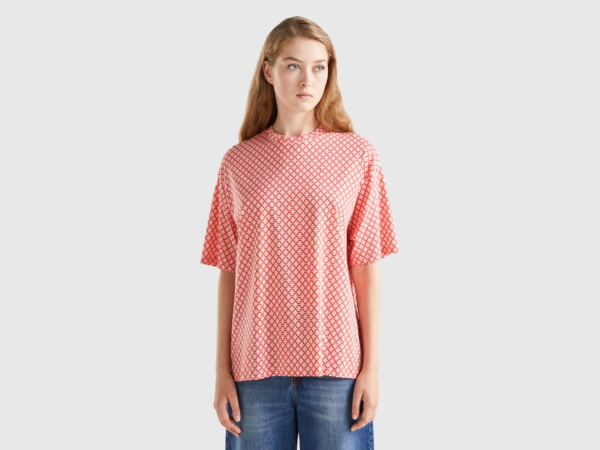 Benetton, T-shirt With Wavy Print, size XS, Pink, Women