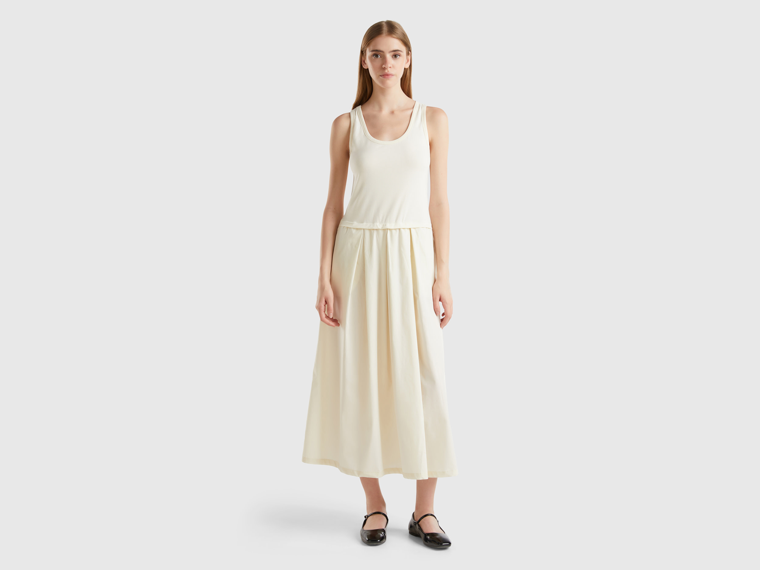 Benetton, Vestito Midi In Cotone, Bianco Panna, Donna