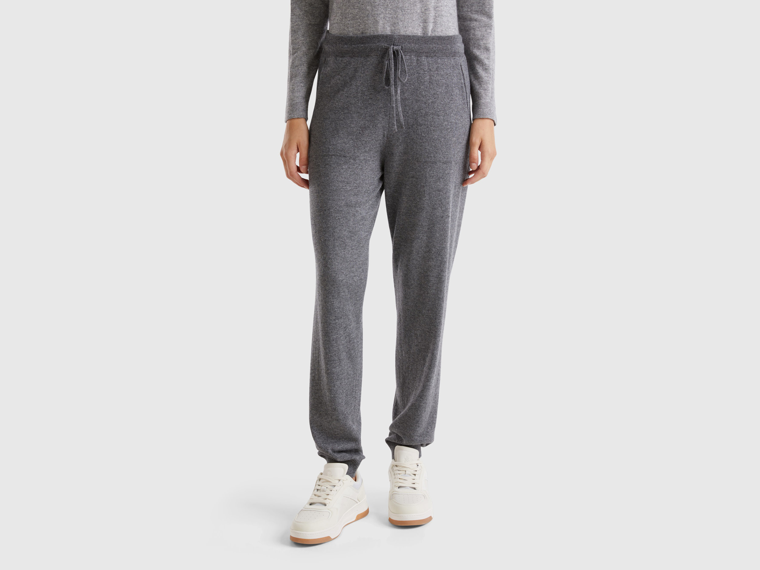 Benetton, Pantalone Sportivo Grigio Scuro Misto Cashmere, Grigio Scuro, Donna