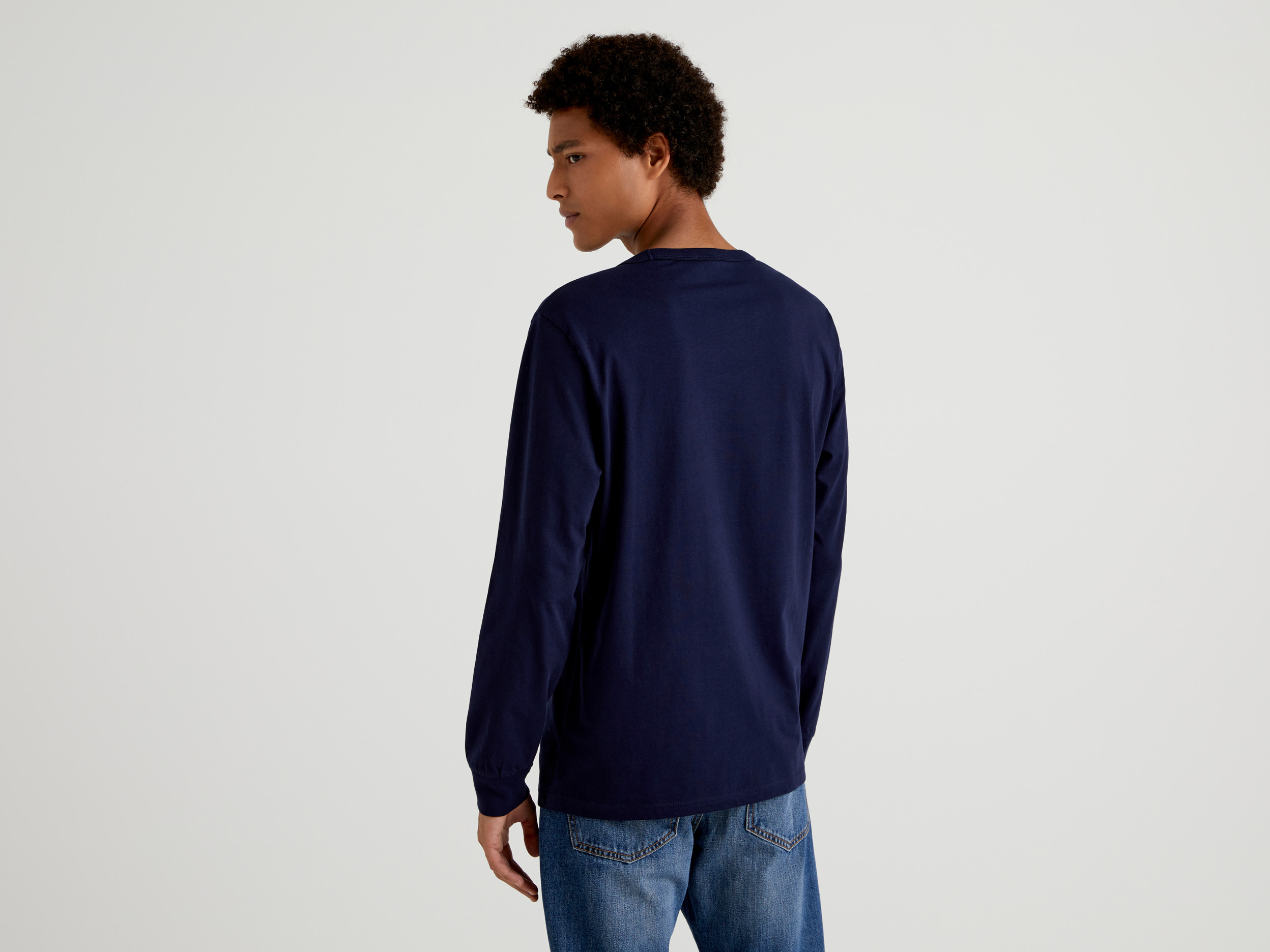 Benetton, Long Sleeve T-Shirt With Logo Print, Taglia Xxl, Dark Blue, Men