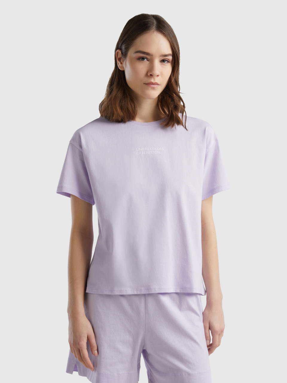 Benetton, Short Sleeve T-shirt With Logo, Lilac, Women
