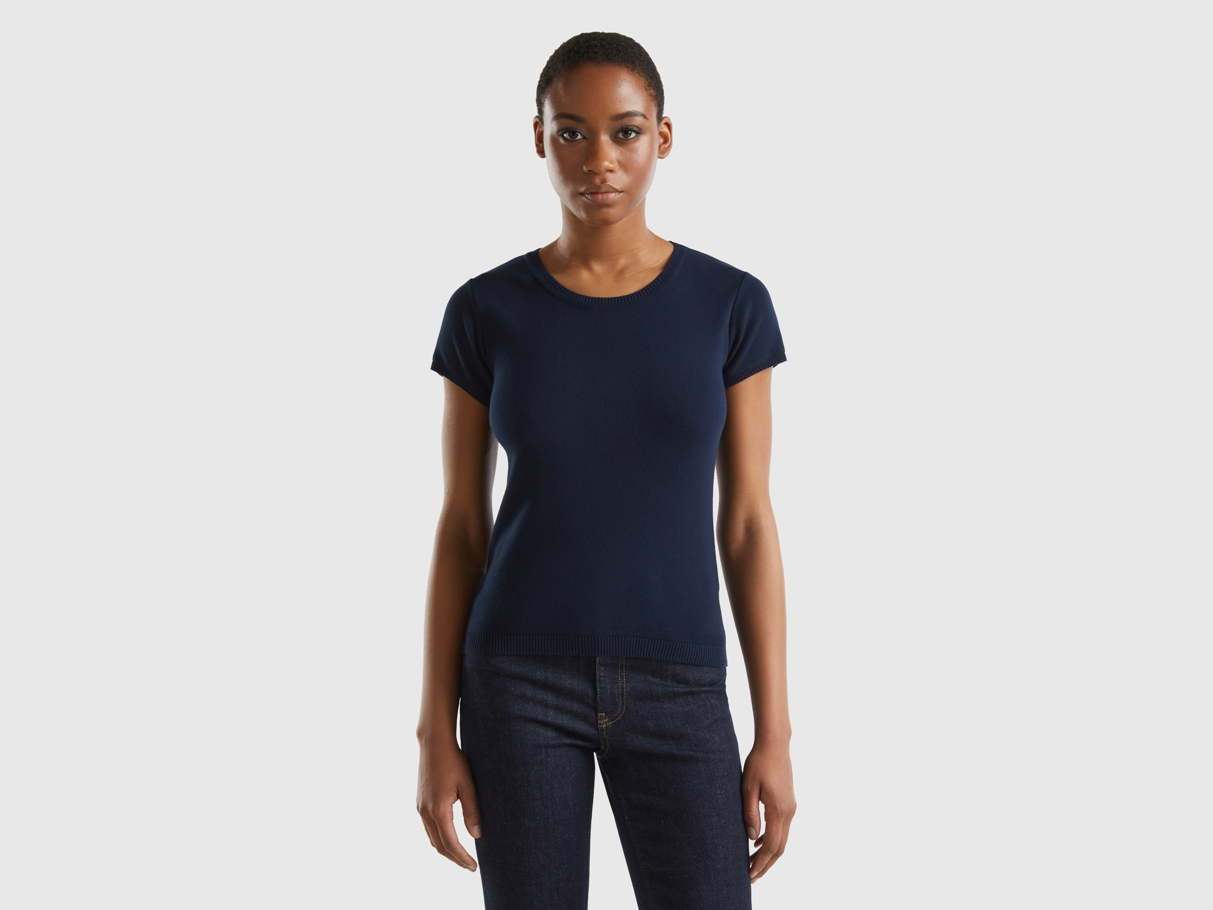 Benetton Online exclusive, Maglia A Manica Corta In 100% Cotone, Blu Scuro, Donna
