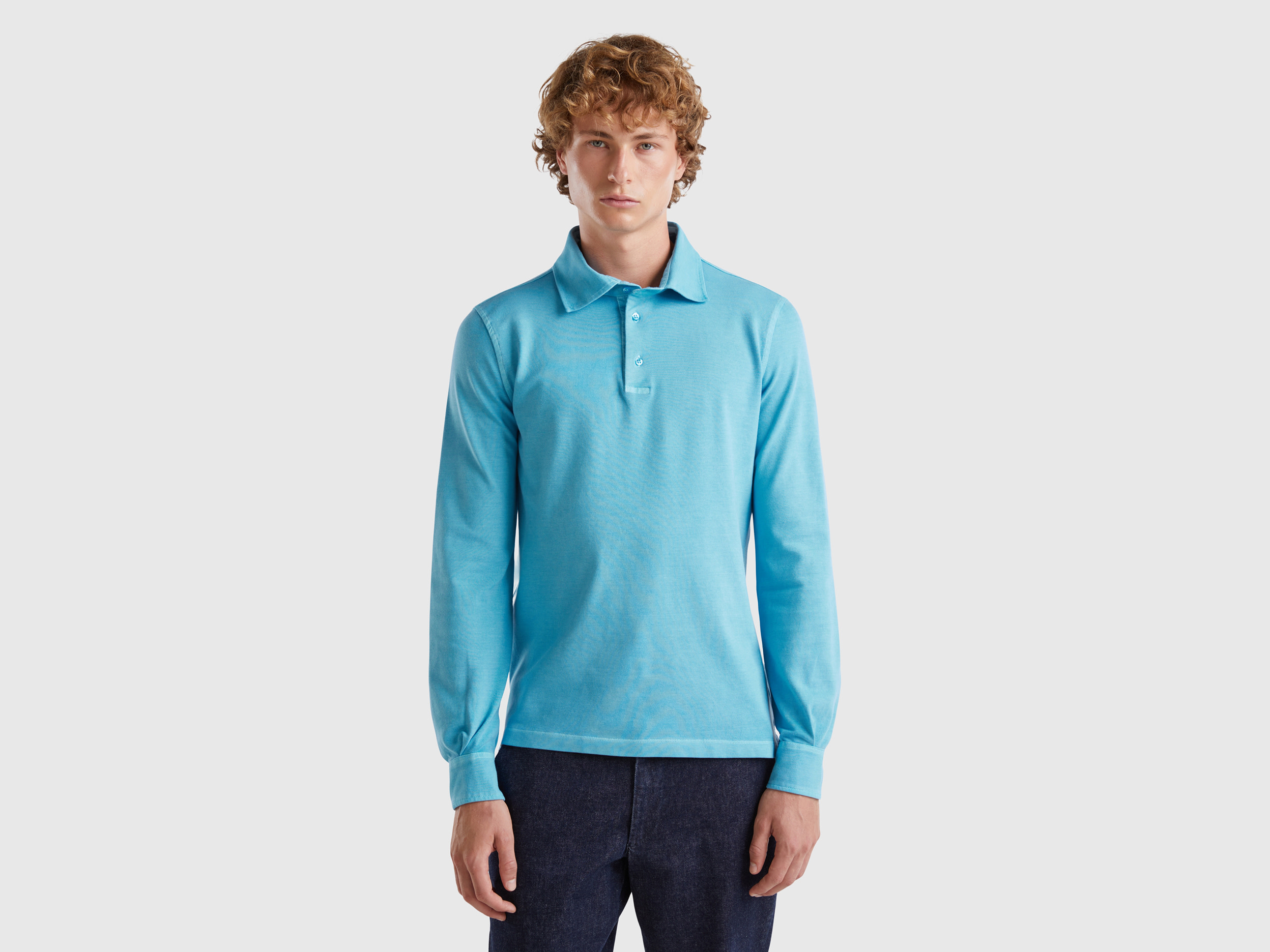 Image of Benetton, Polo In Stretch Organic Cotton, size XXXL, Light Blue, Men