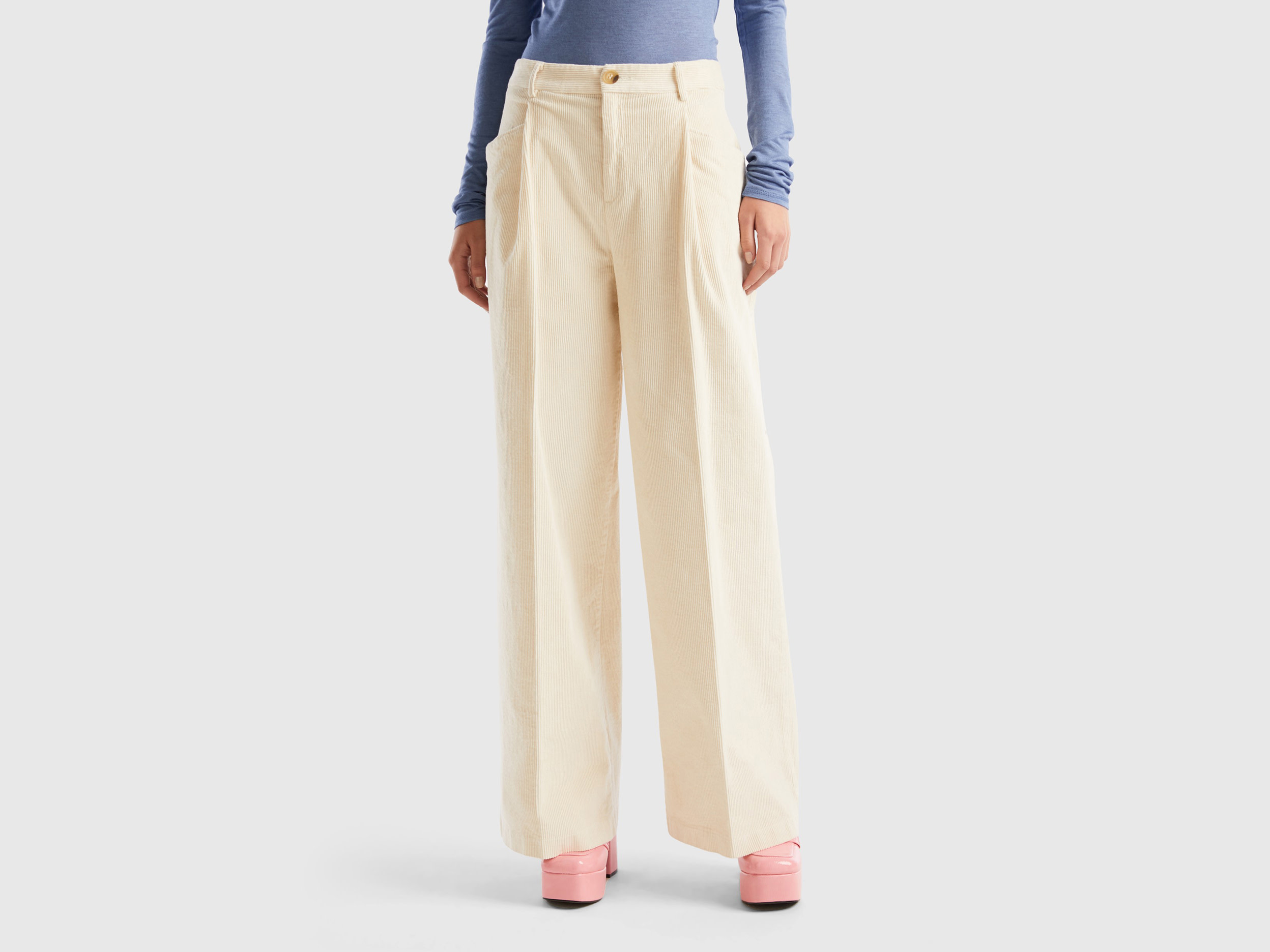 Benetton, Wide Leg Trousers In Corduroy, size 16, Creamy White, Women