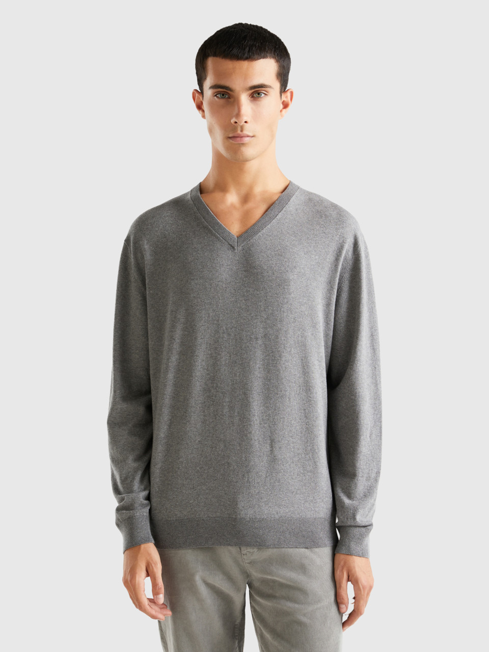 Benetton, V-neck Sweater In Lightweight Cotton Blend, Dark Gray, Men