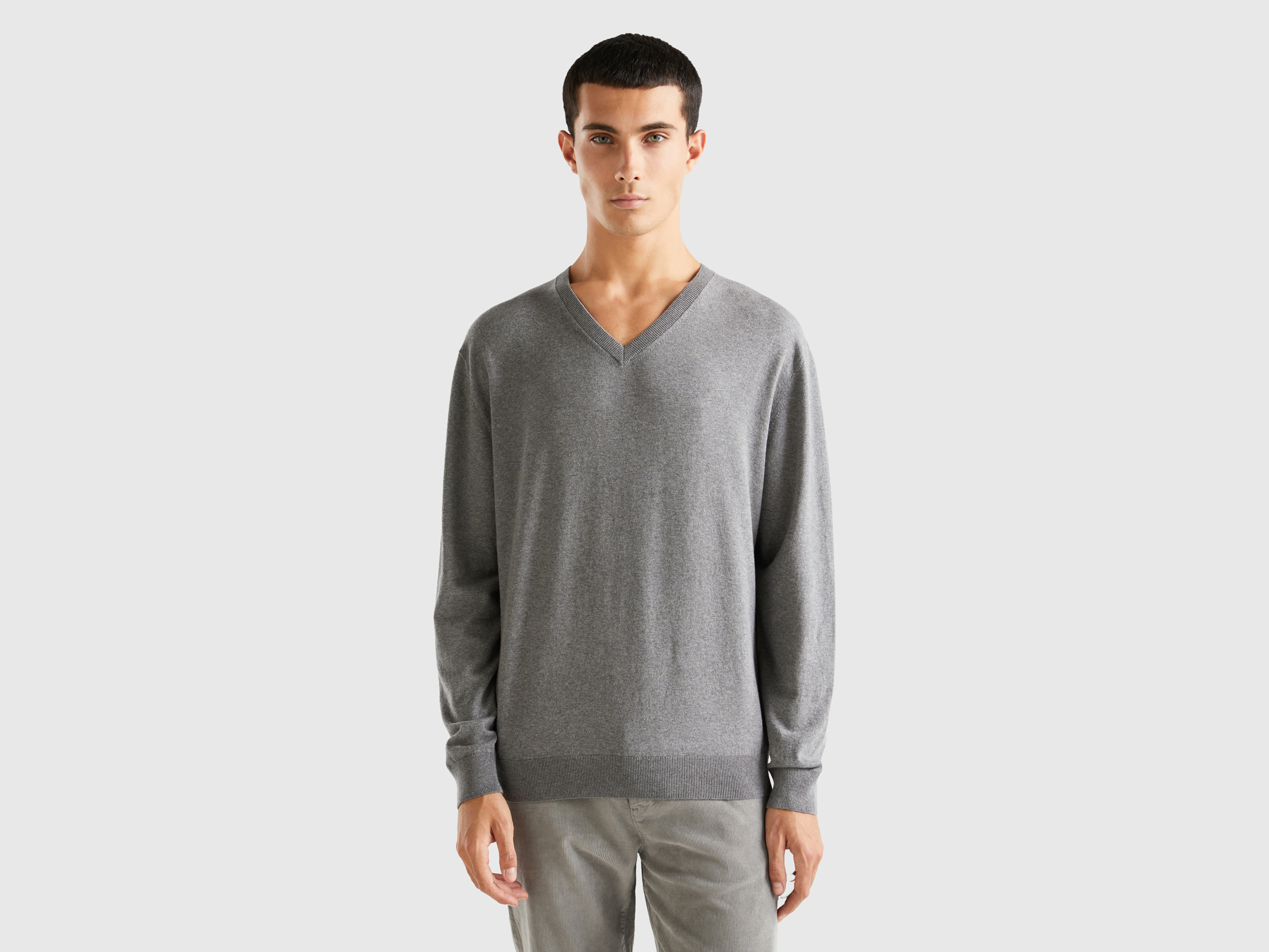 Benetton, V-neck Sweater In Lightweight Cotton Blend, size XXL, Dark Gray, Men