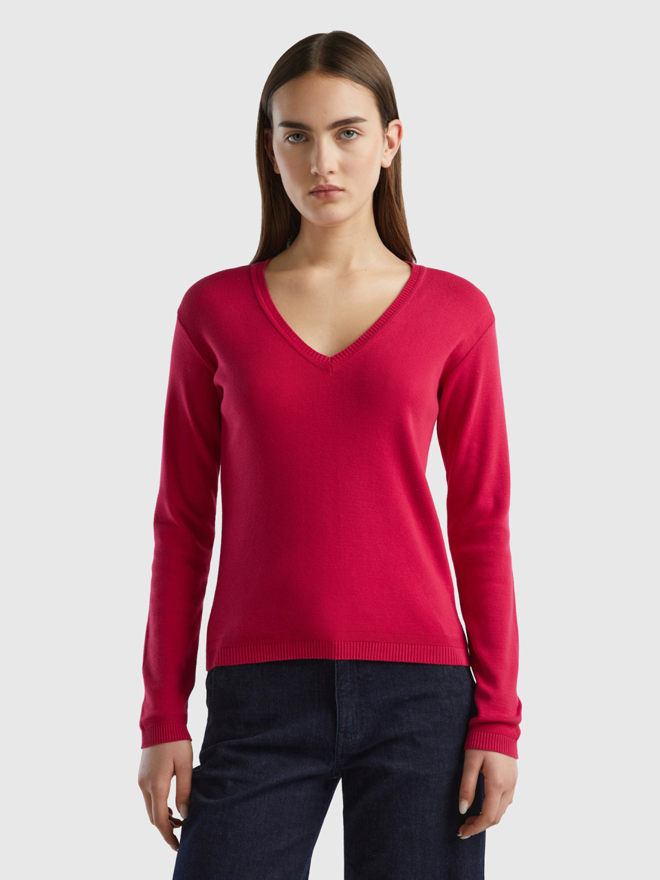 Benetton, V-neck Sweater In Pure Cotton, Cyclamen, Women