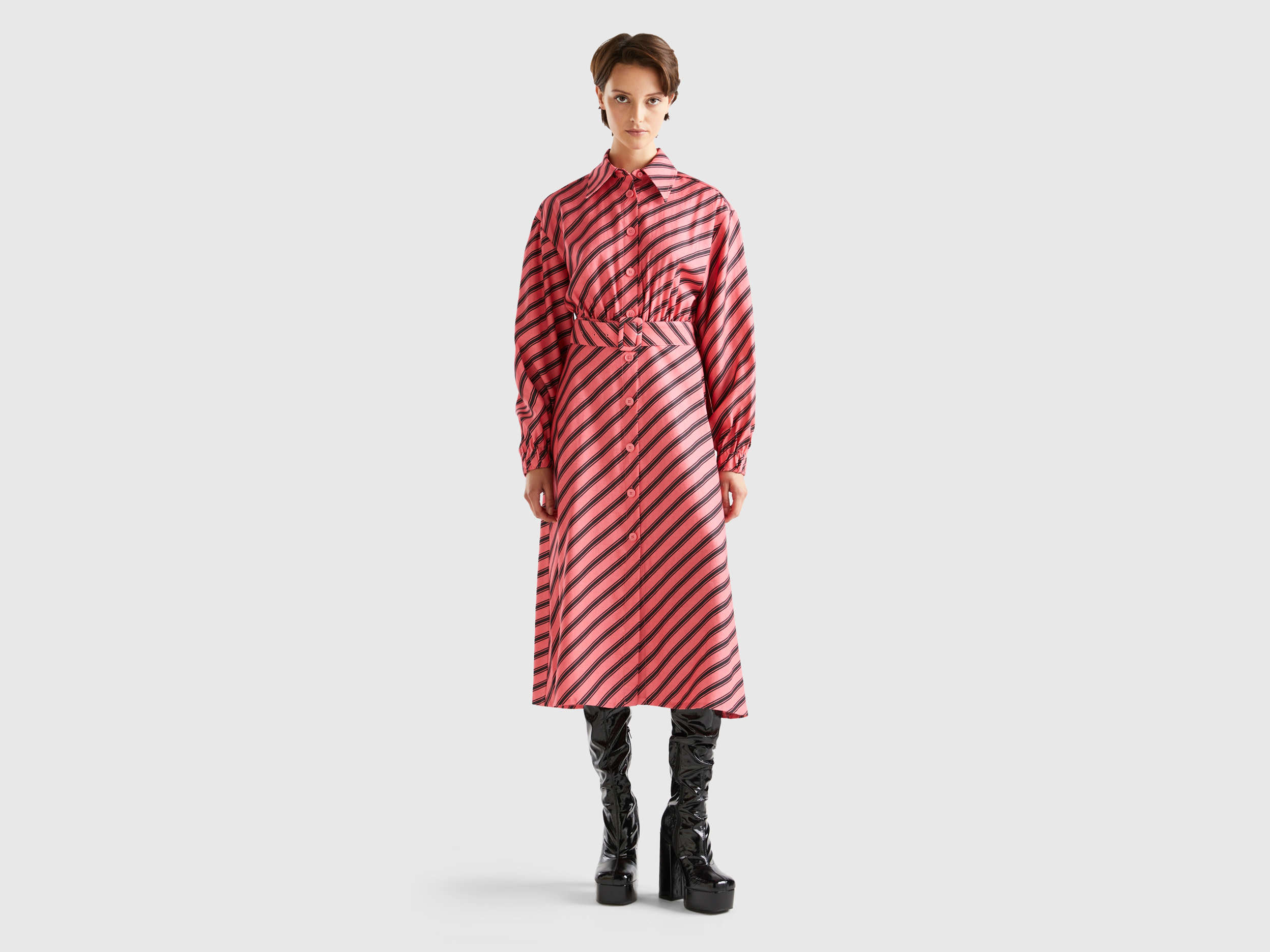 Benetton, Regimental Striped Midi Dress, size L, Pink, Women