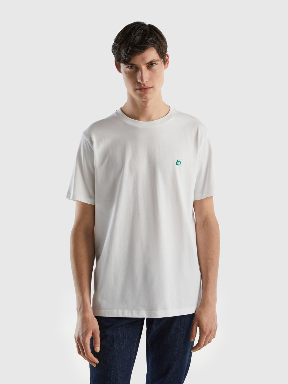 Benetton, Camiseta Básica De 100 % Algodón Orgánico, Blanco, Hombre