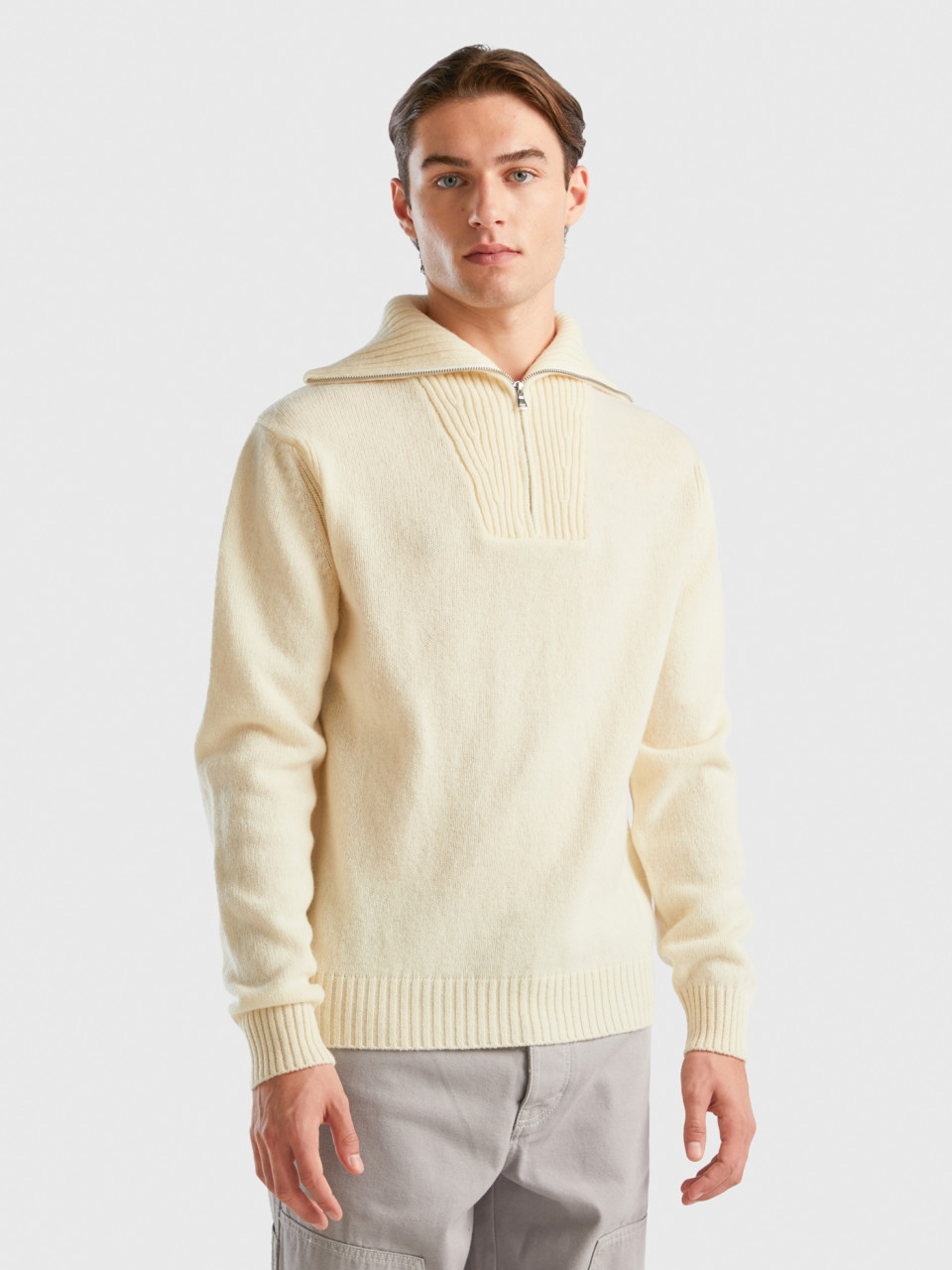 Benetton, Cream White Sweater In Pure Shetland Wool, Creamy White, Men