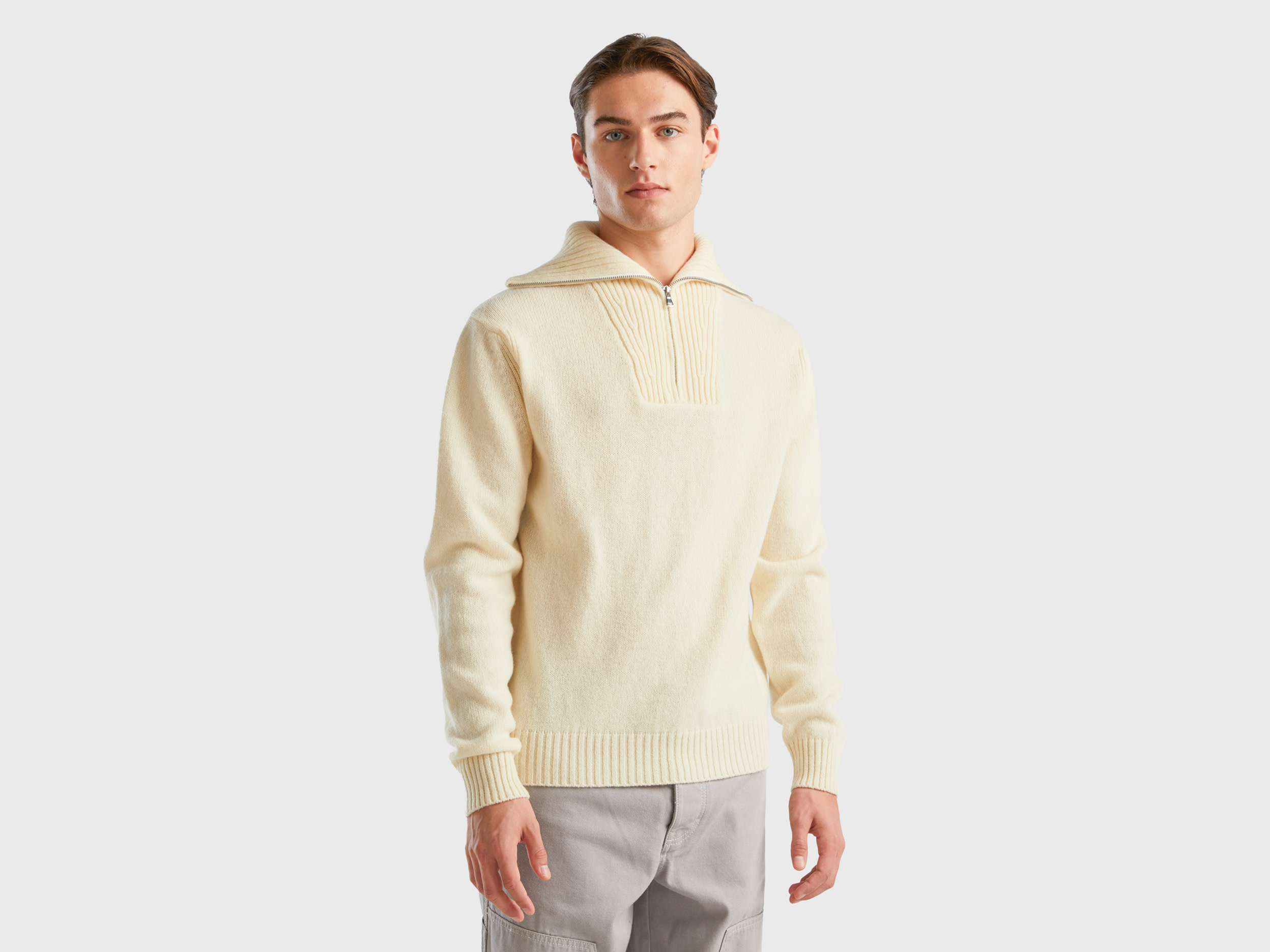 Benetton, Cream White Sweater In Pure Shetland Wool, size XXL, Creamy White, Men