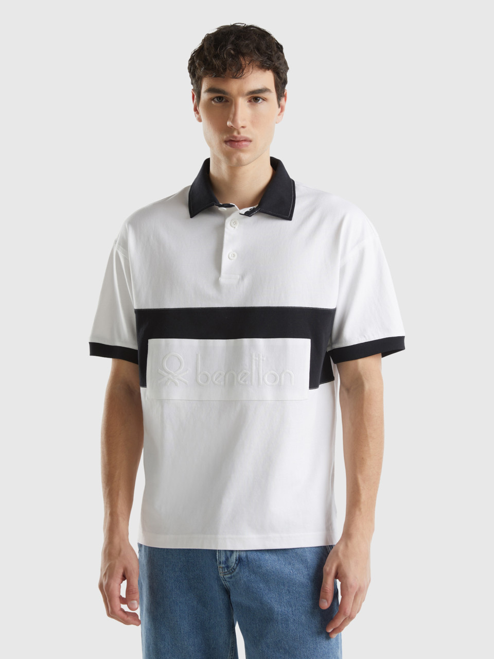 Benetton, Black And White Rugby Polo, Multi-color, Men