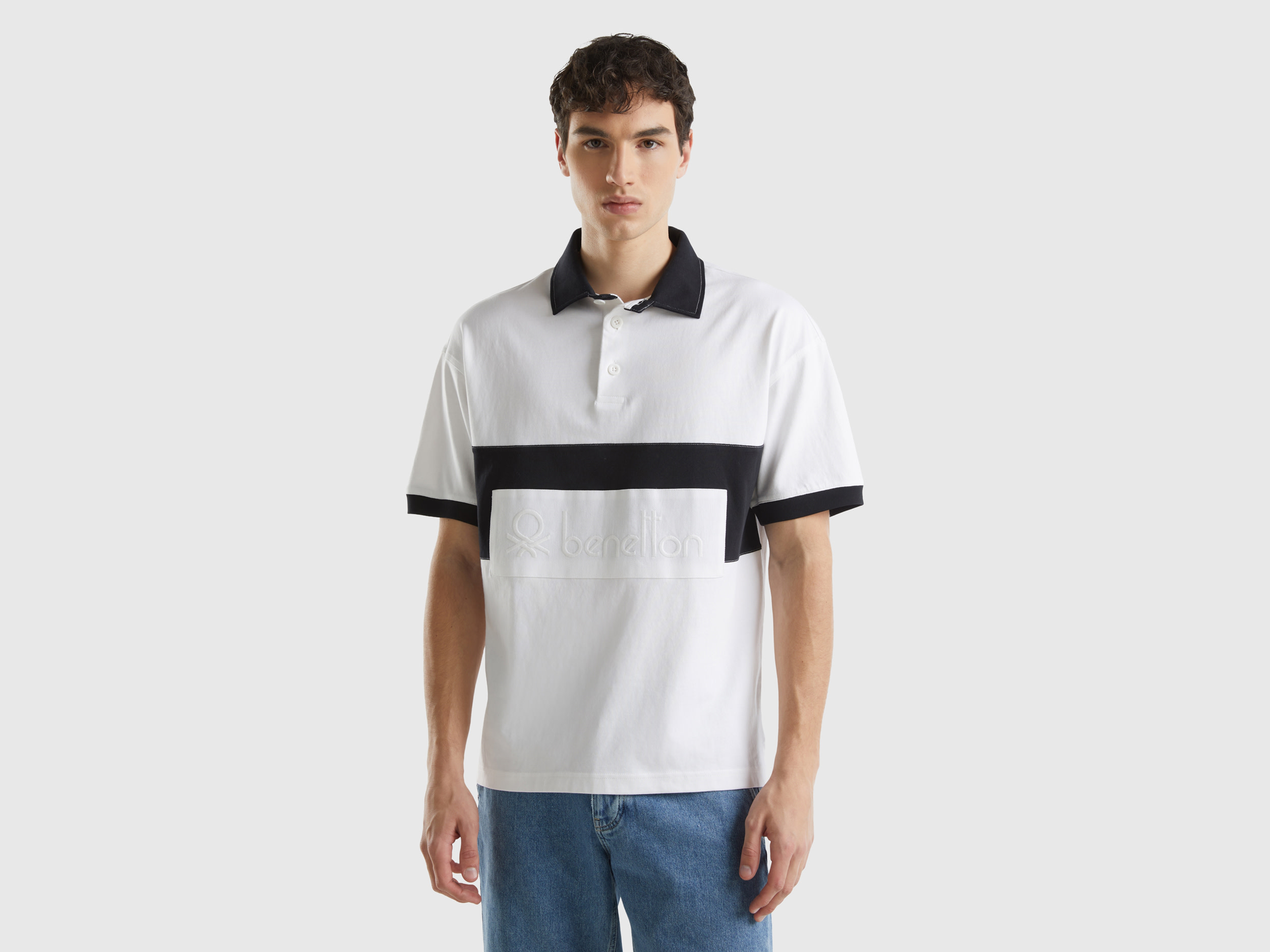 Benetton, Polo Rugby Bianca E Nera, Multicolore, Uomo