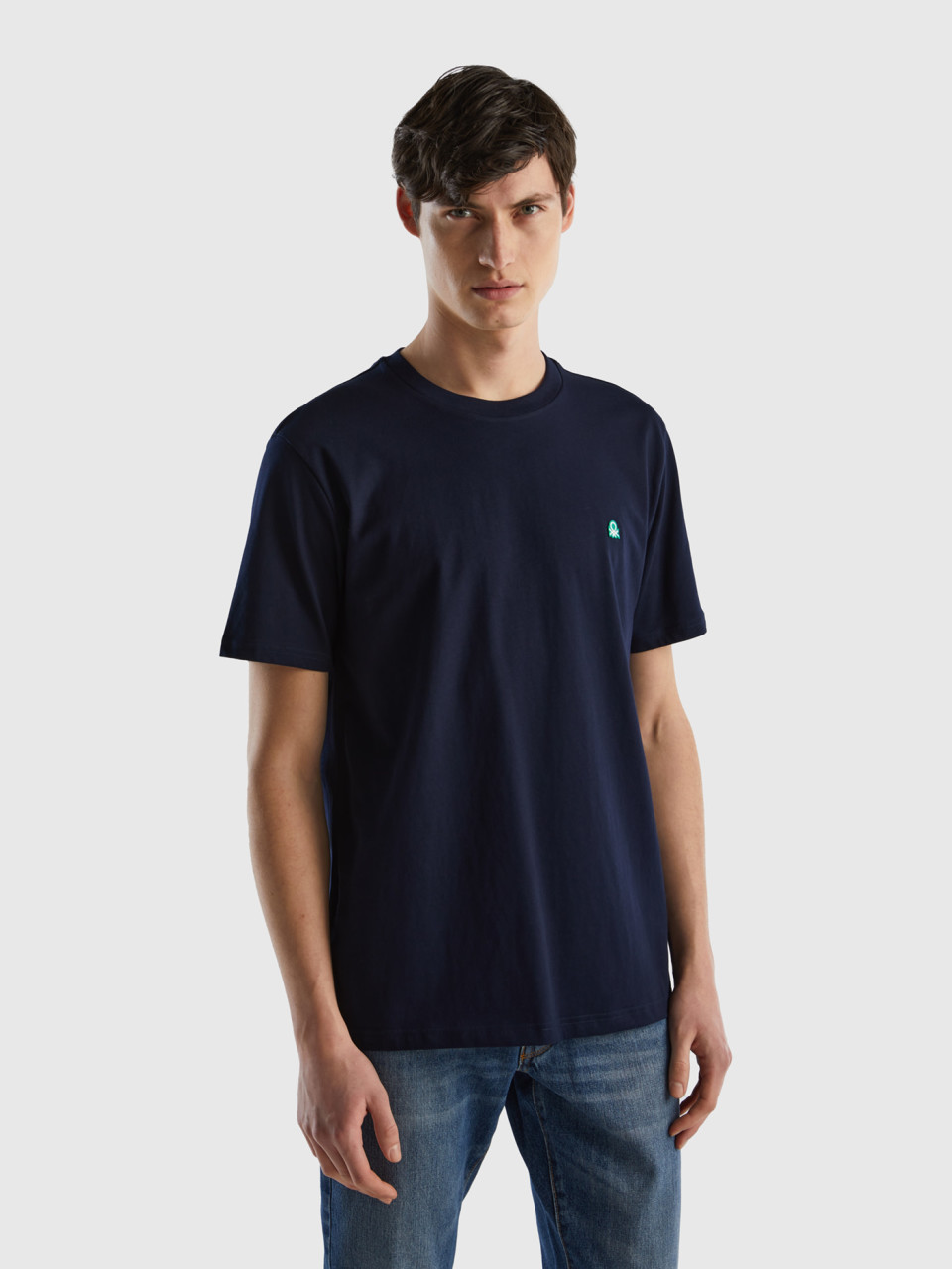 Benetton, T-shirt Basique En 100 % Coton Bio, Bleu Foncé, Homme