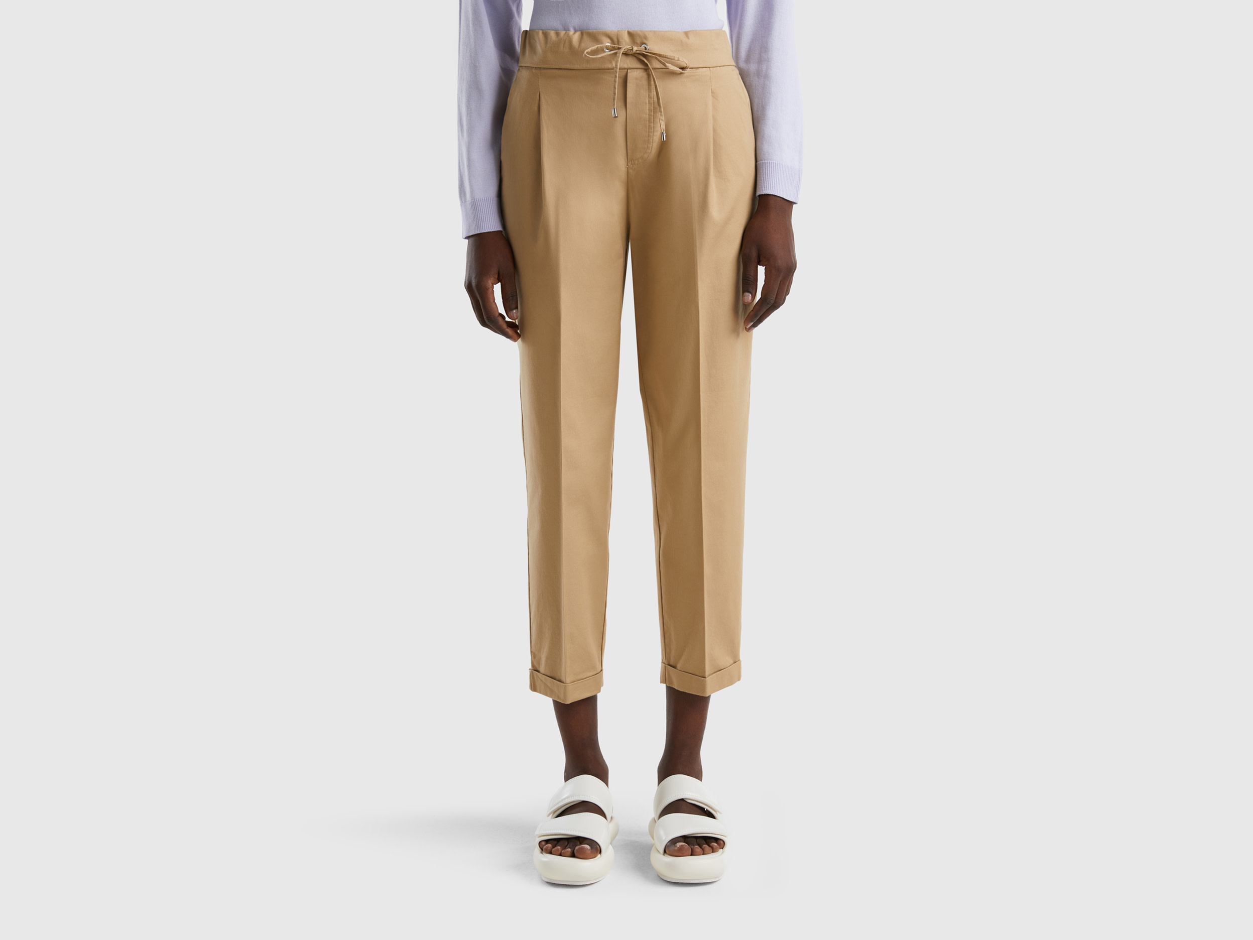 Benetton, Joggers In Cotone Elasticizzato, Beige, Donna