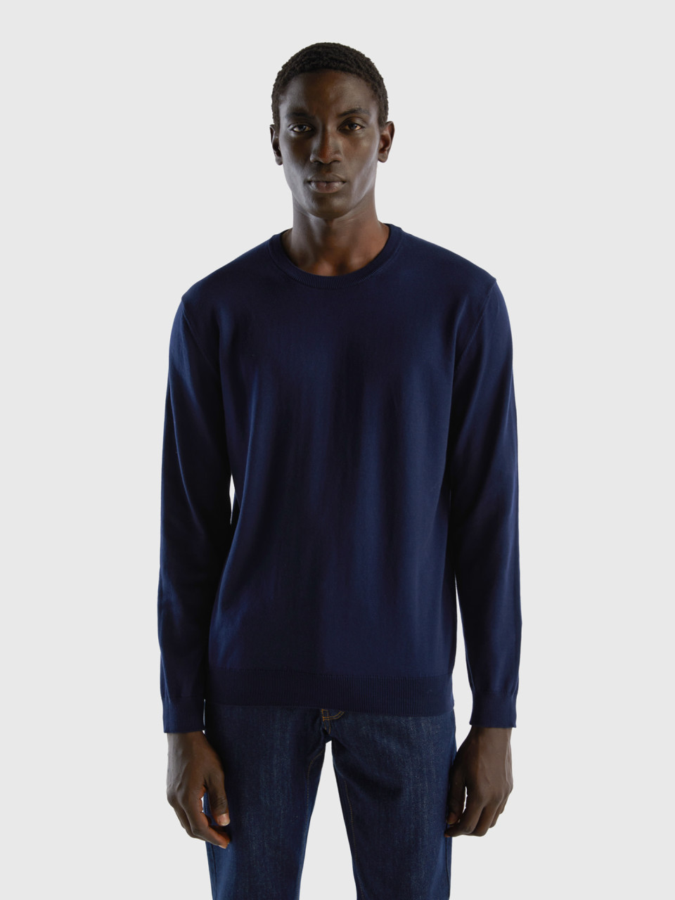 Benetton, Crew Neck Sweater In 100% Cotton, Dark Blue, Men